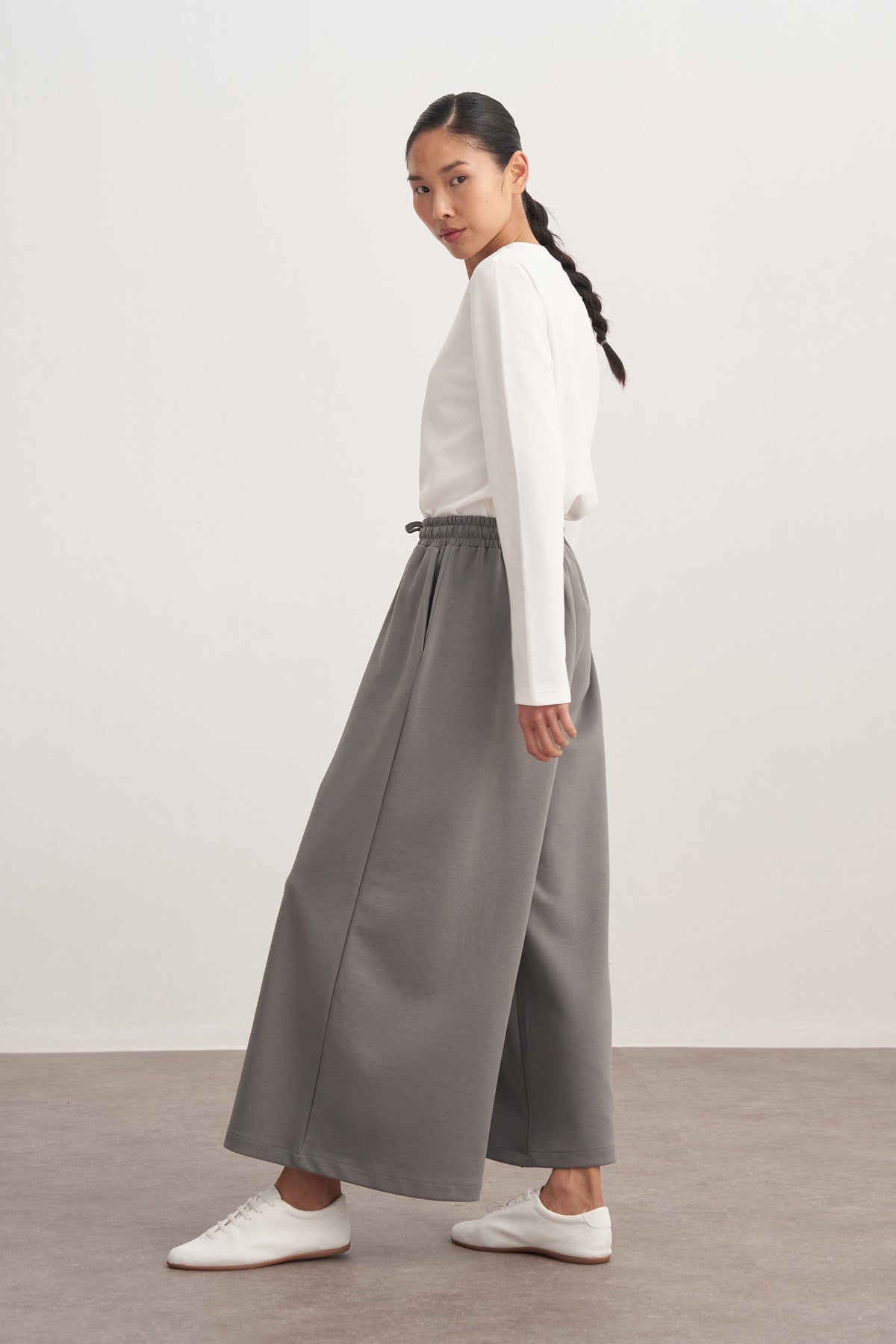 Kadın İnterlok Bol Paçalı Pantolon Füme