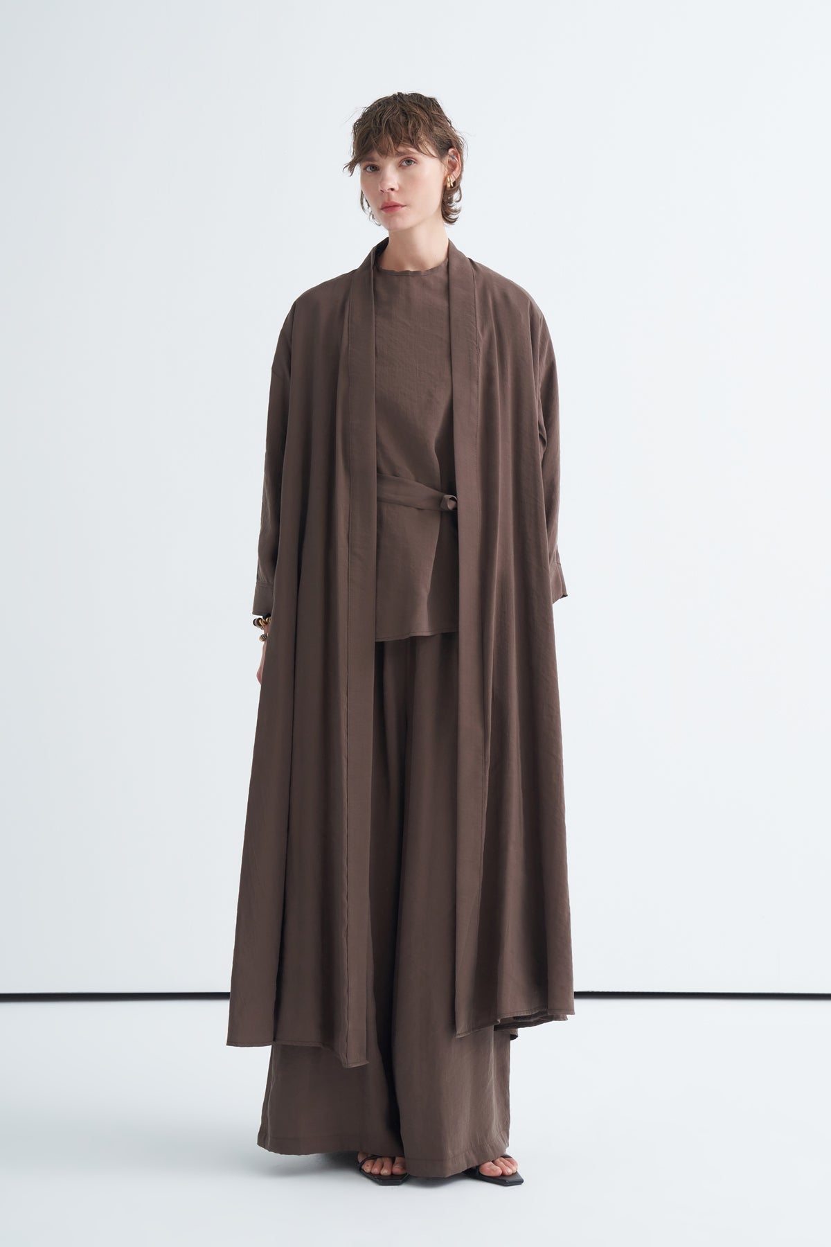 Modal 3'lü Pantolon Bluzlu Abaya Takım Kahve