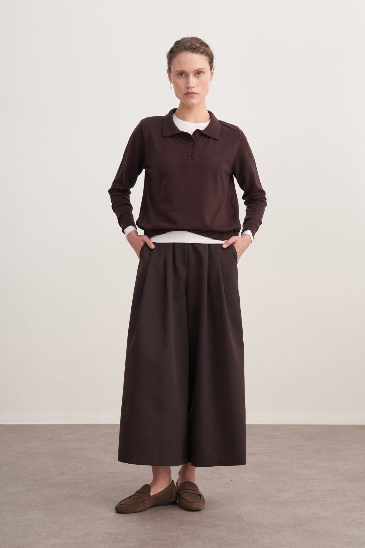 Kadın Polo Yaka Viskon Triko Kazak Kahve