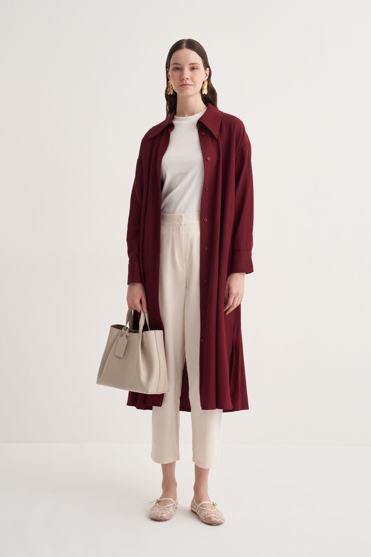 Kadın Dökümlü Pamuklu Oversize Uzun Gömlek Elbise Bordo