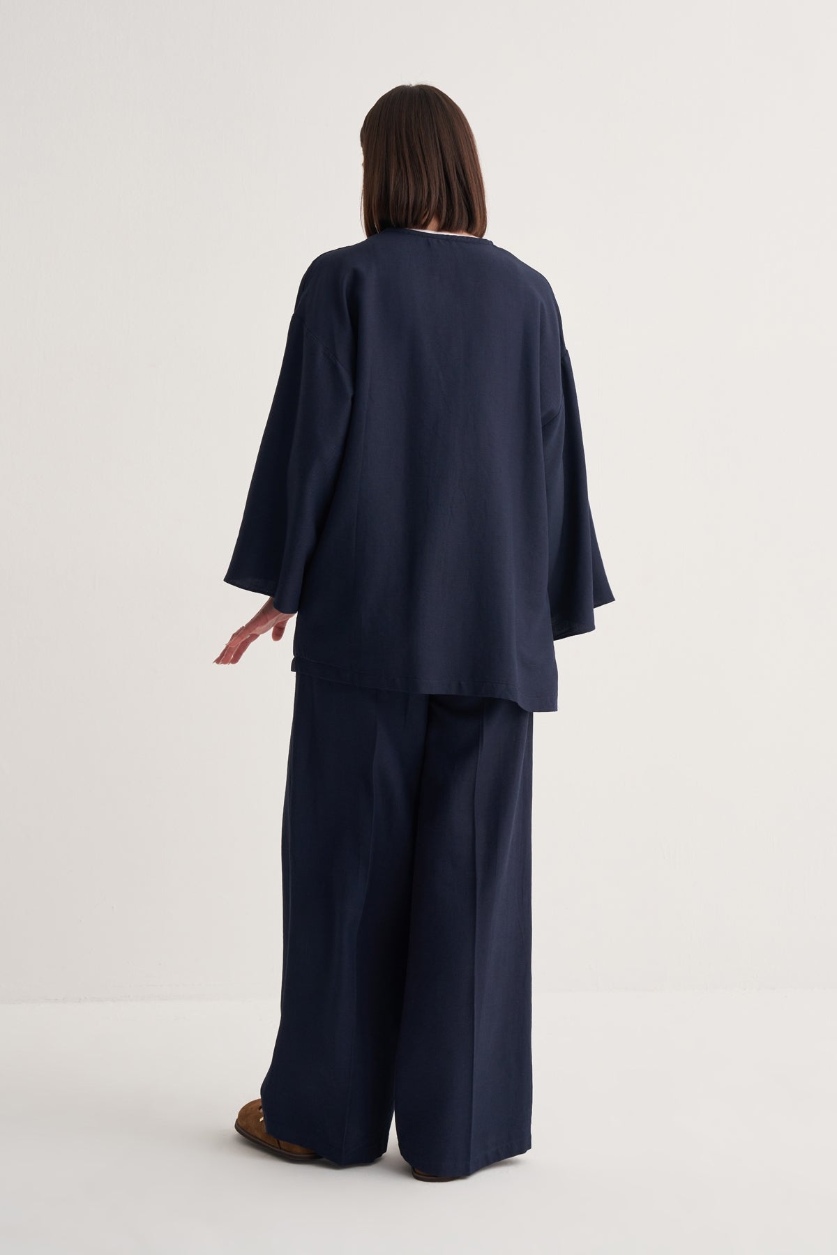 Kadın Dökümlü Pamuklu Kimono Gömlek Lacivert