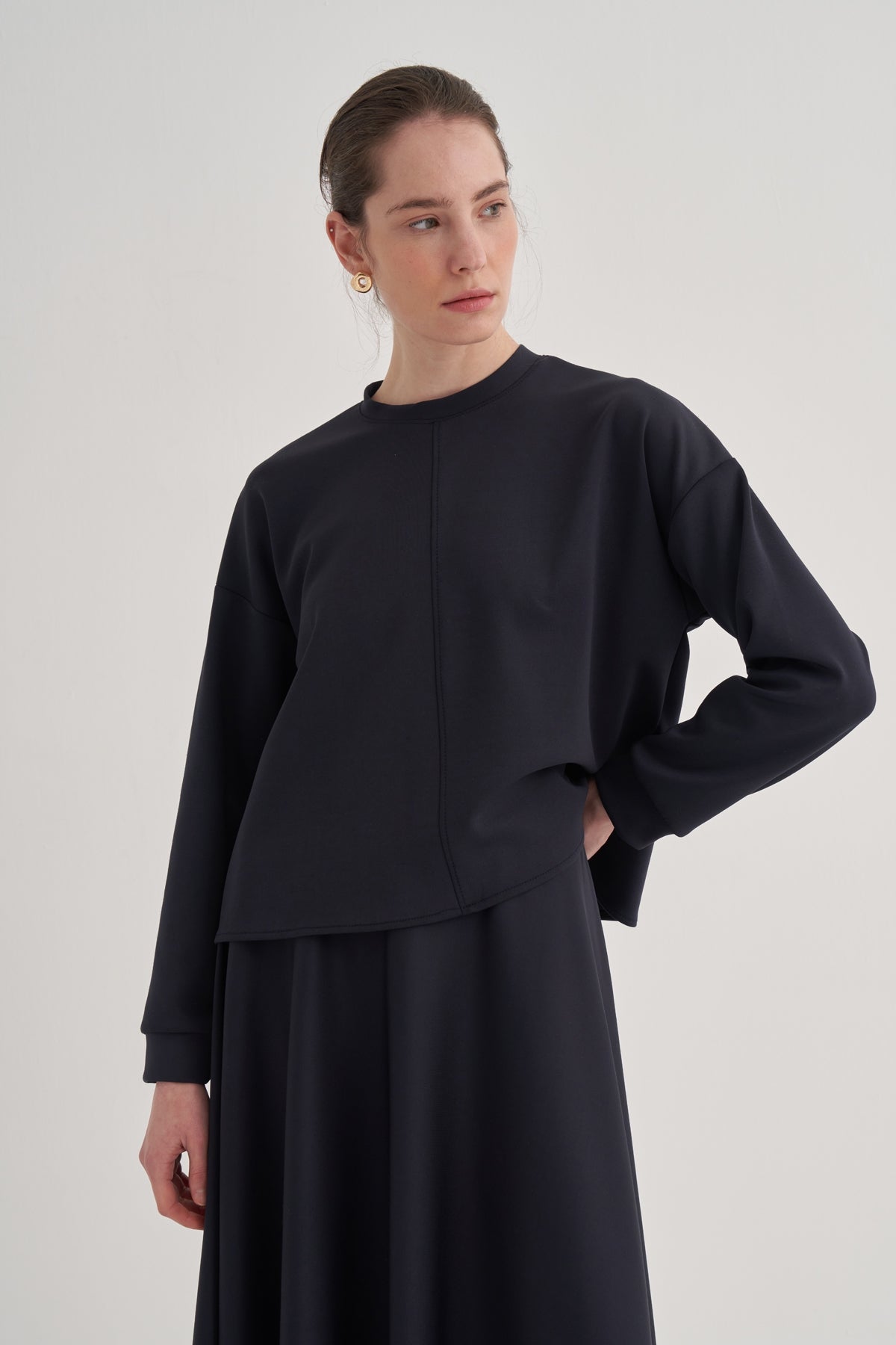 Kadın Scuba Dikişli Bluz Etek Takım Lacivert