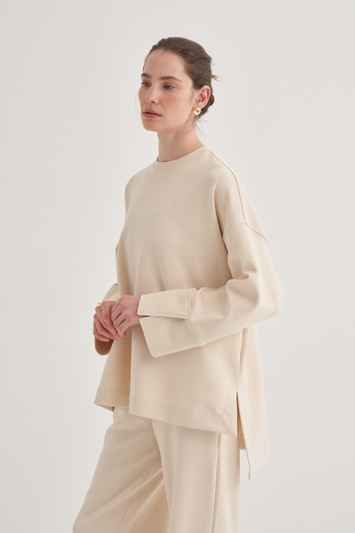 Kadın İnterlok Kol Detaylı Bluz Bej