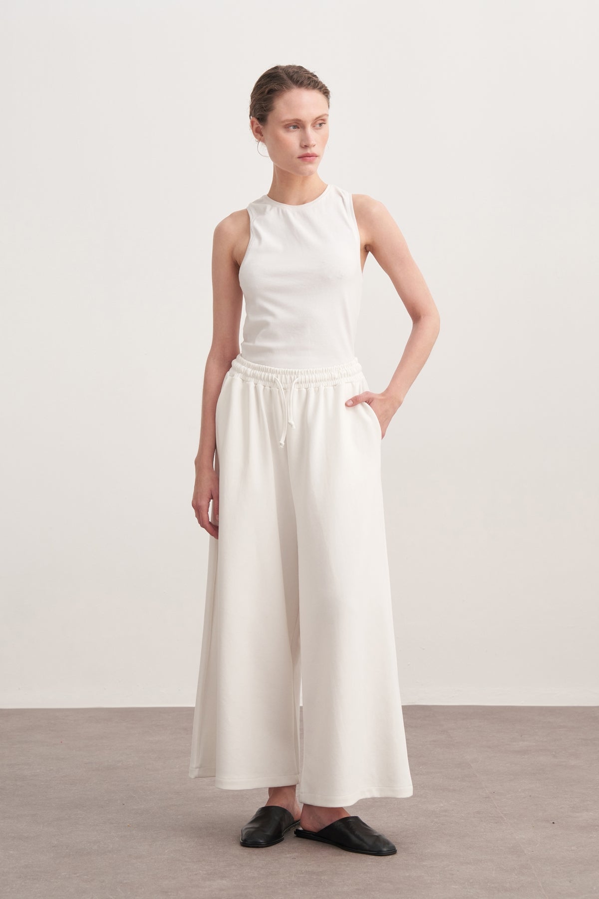 Kadın İnterlok Bol Paçalı Pantolon Ekru