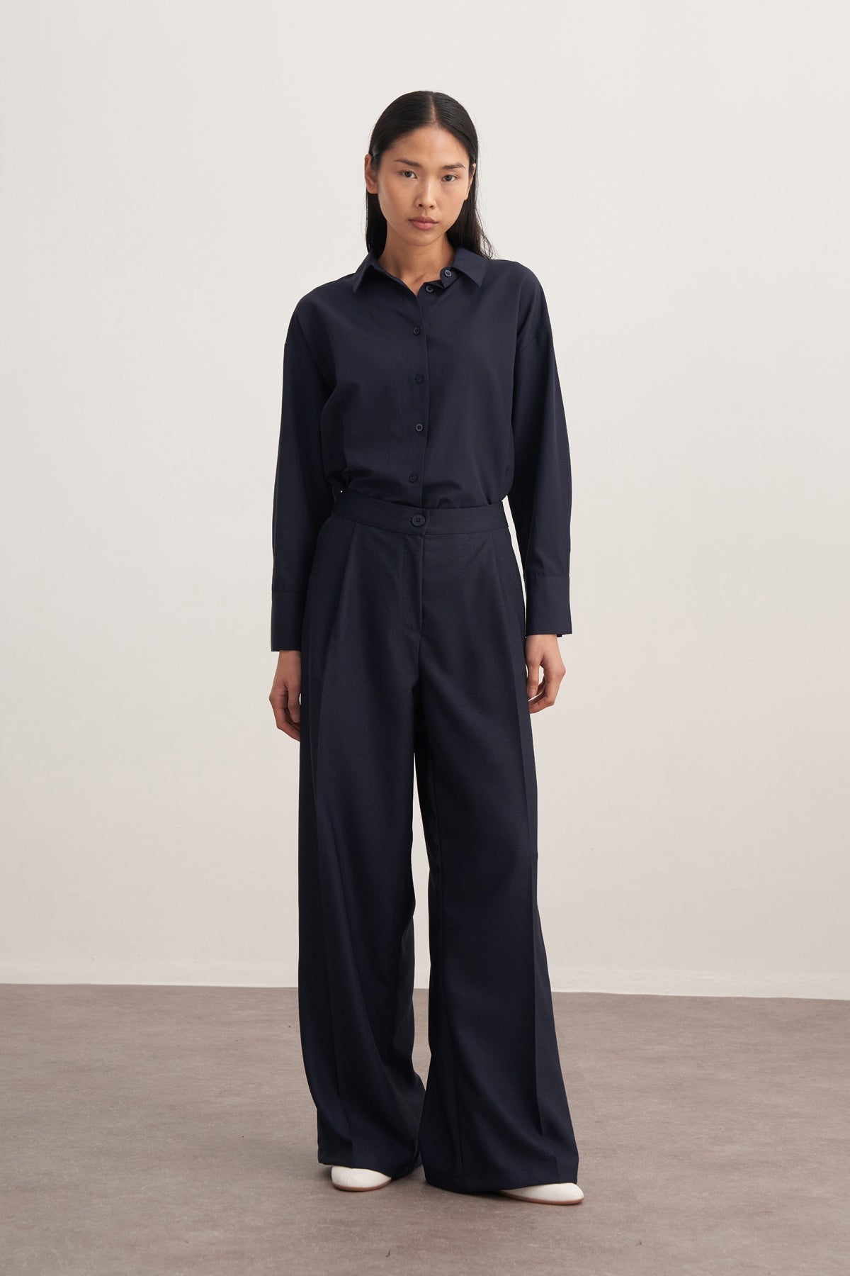 Kadın Dökümlü Pileli Palazzo Pantolon Lacivert