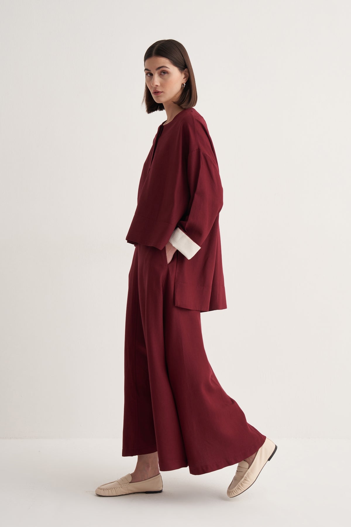 Kadın Dökümlü Pamuklu Önü Pileli Bluz Bordo