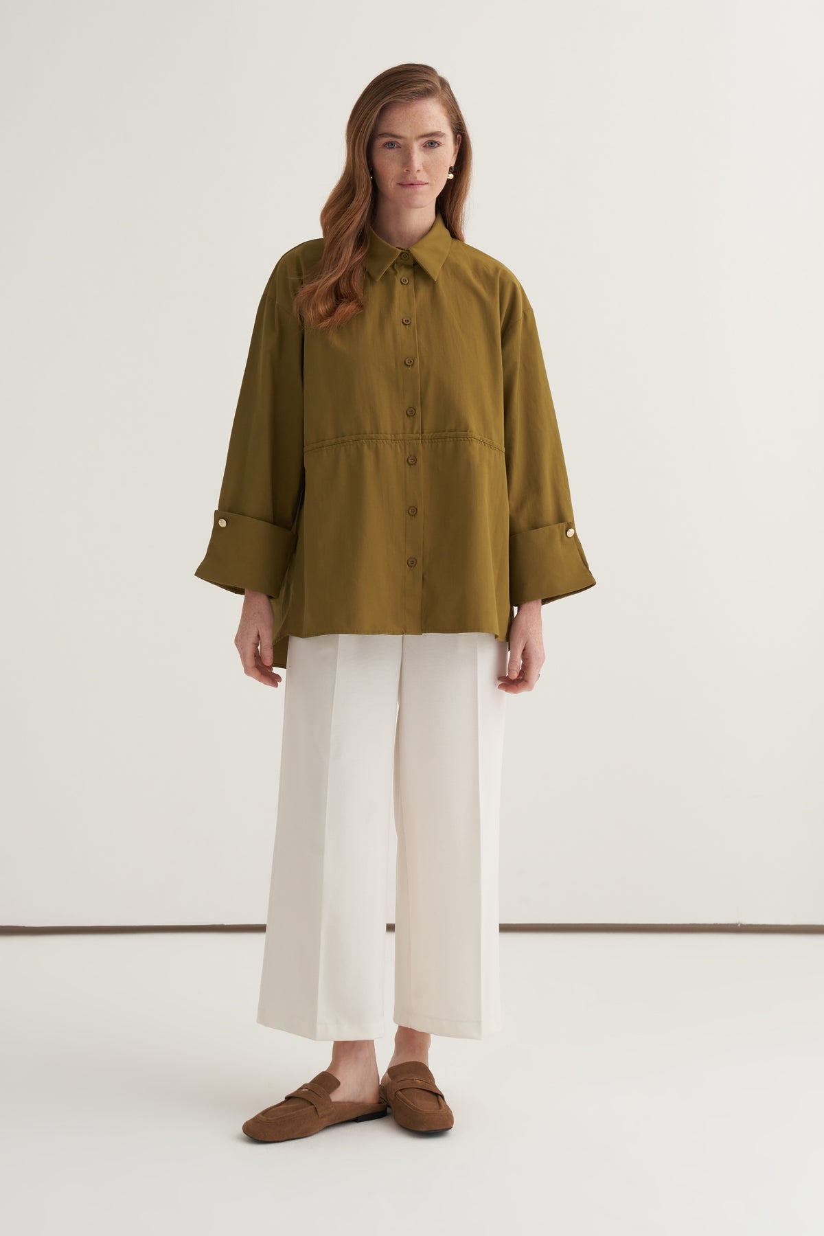 Kadın Oversize Kol Düğmeli Gömlek Yağ Yeşili
