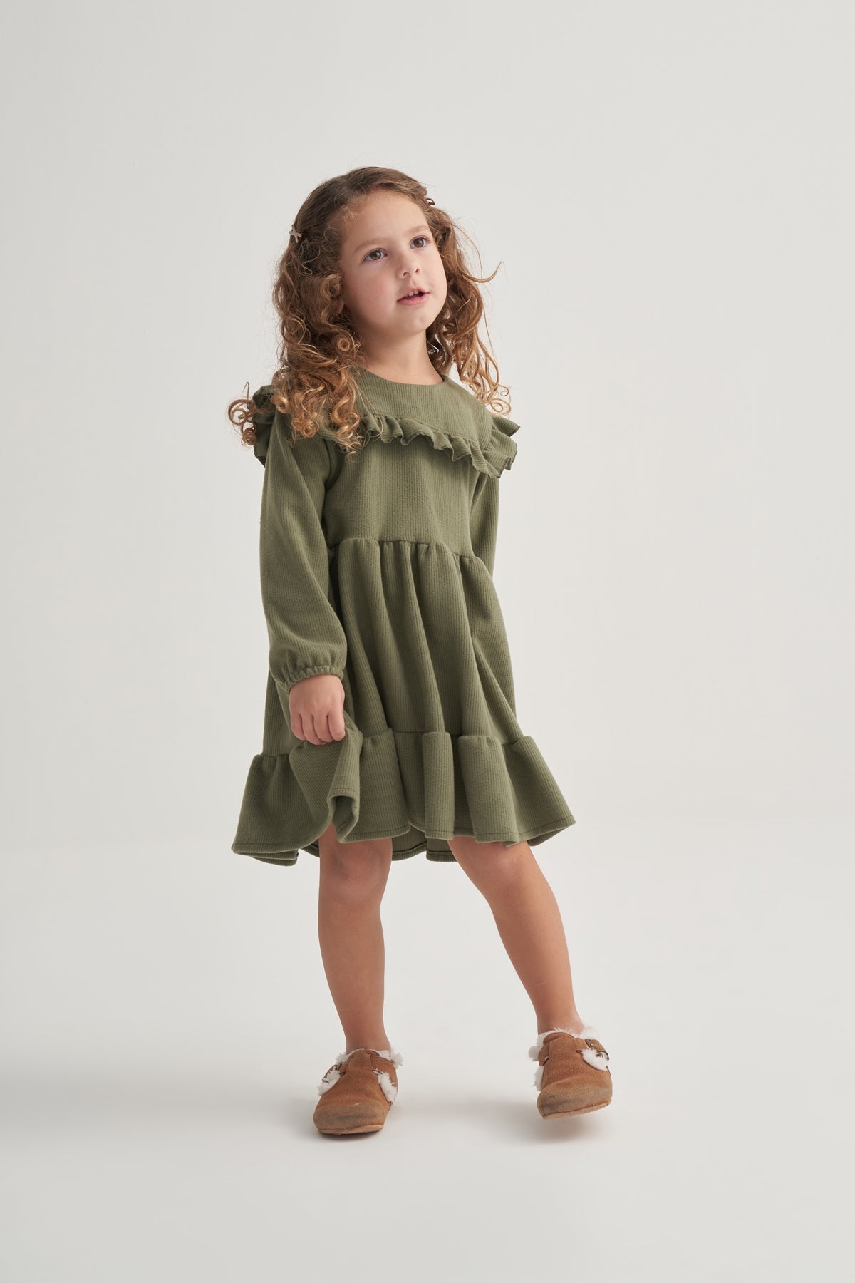 Kız Çocuk Fitilli Kat Kat Fırfırlı Elbise Yeşil