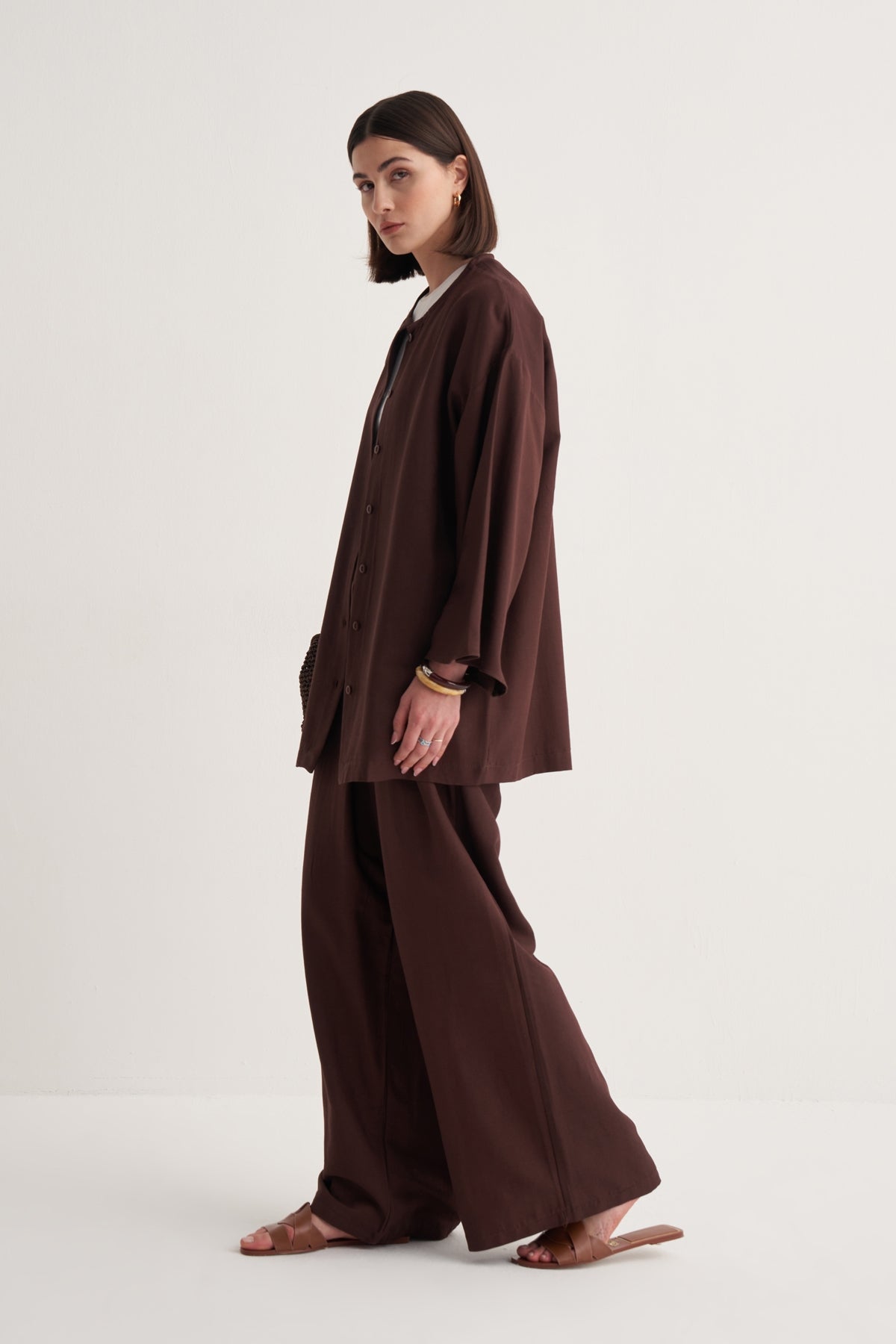 Kadın Dökümlü Pamuklu Kimono Gömlek Acı Kahve