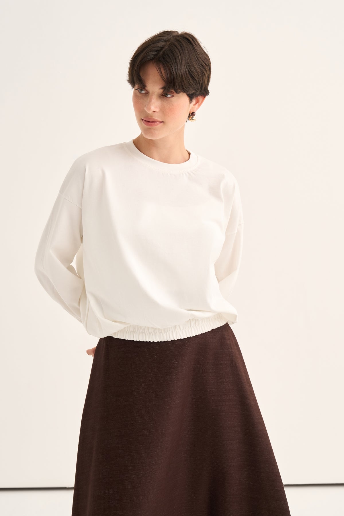 Kadın Beli Lastikli Sweat Ekru