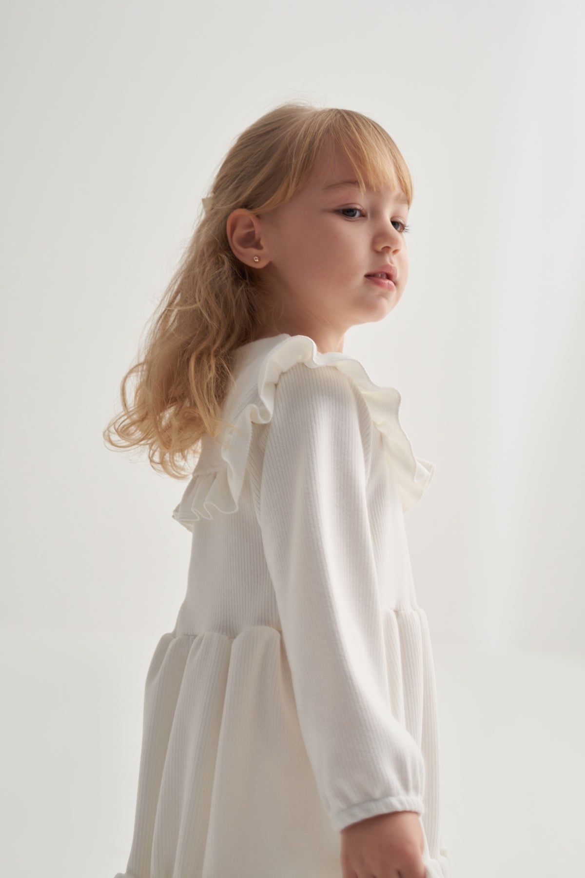 Kız Çocuk Fitilli Kat Kat Fırfırlı Elbise Ekru