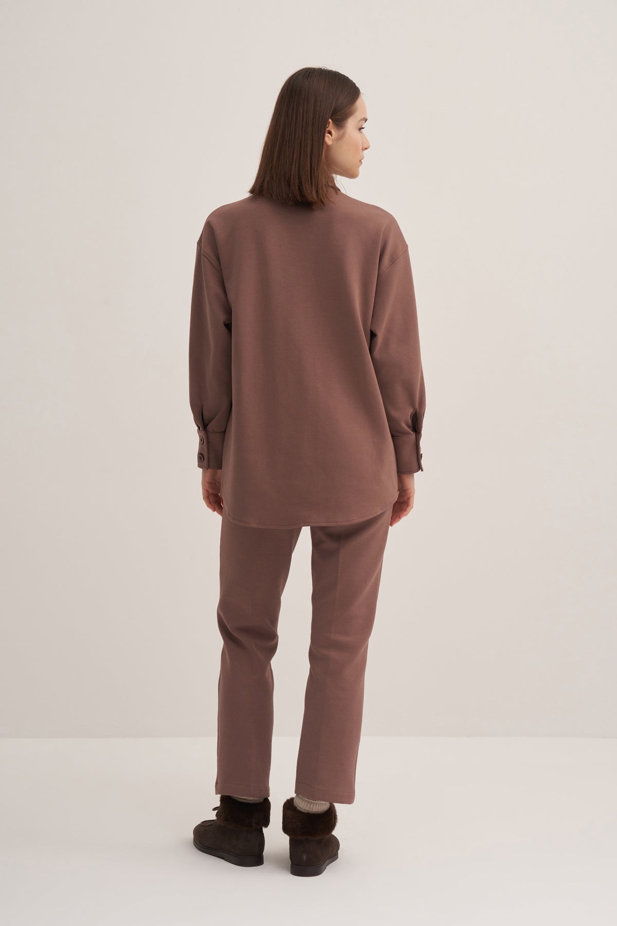 Kadın İnterlok Basic Gömlek Kahve