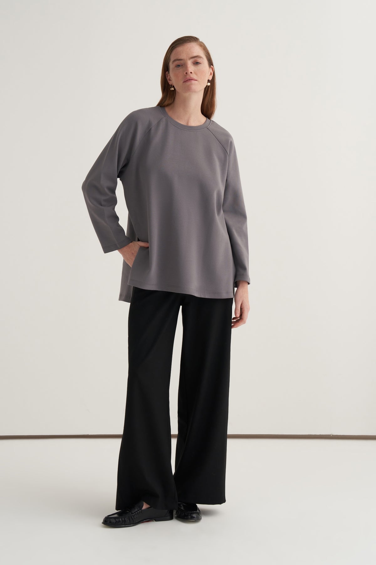 Kadın İnterlok Uzun Kollu Sweat Füme