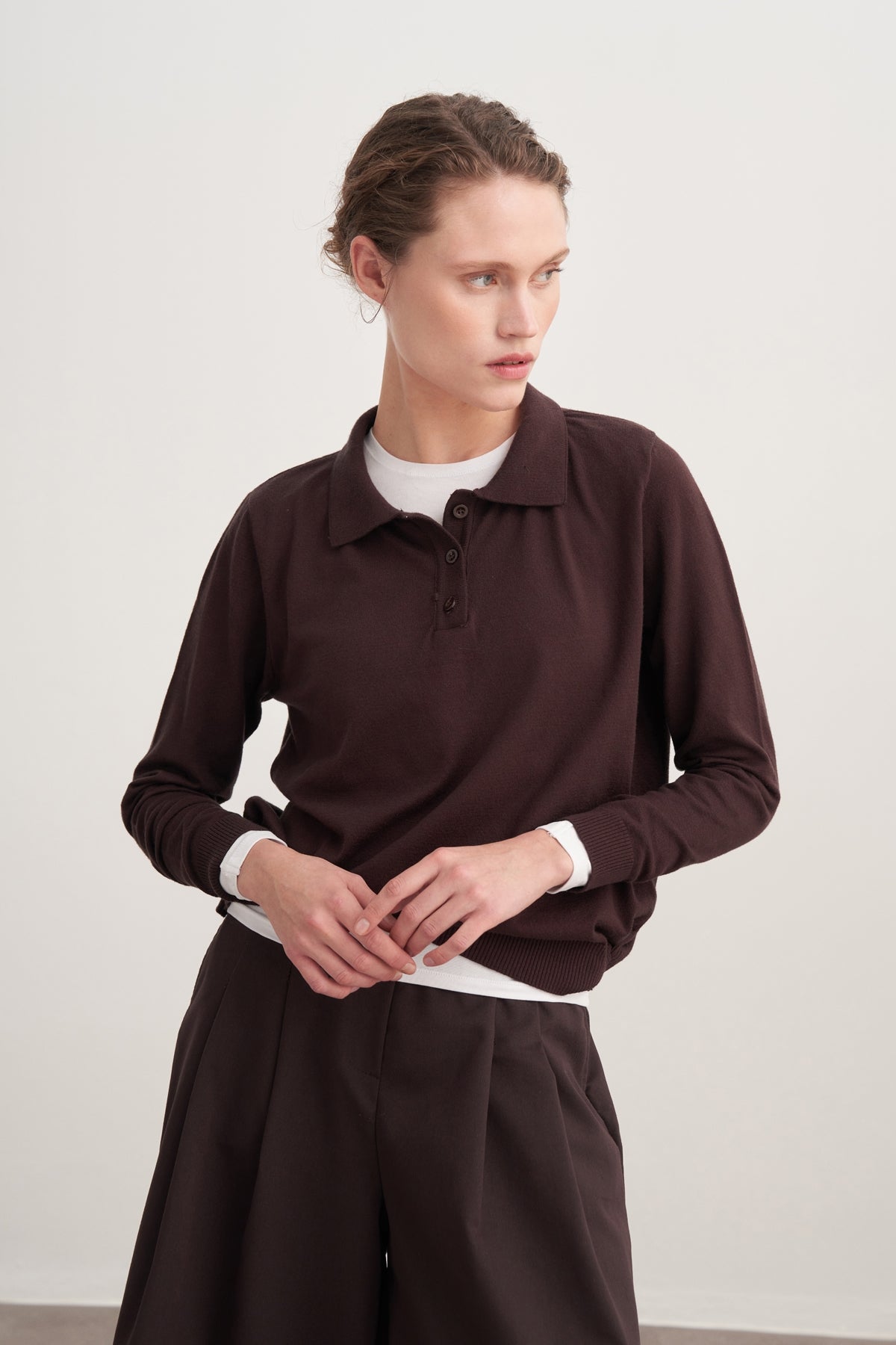 Kadın Polo Yaka Viskon Triko Kazak Kahve