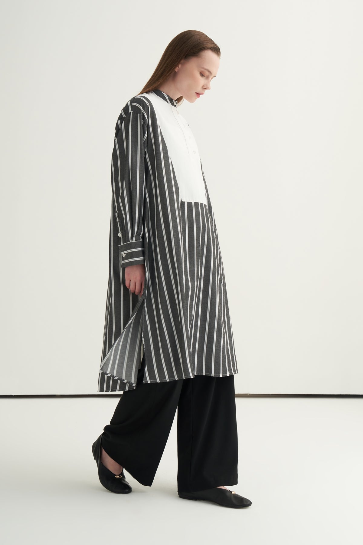 Kadın Hakim Yaka Kontrast Tunik Siyah Çizgili