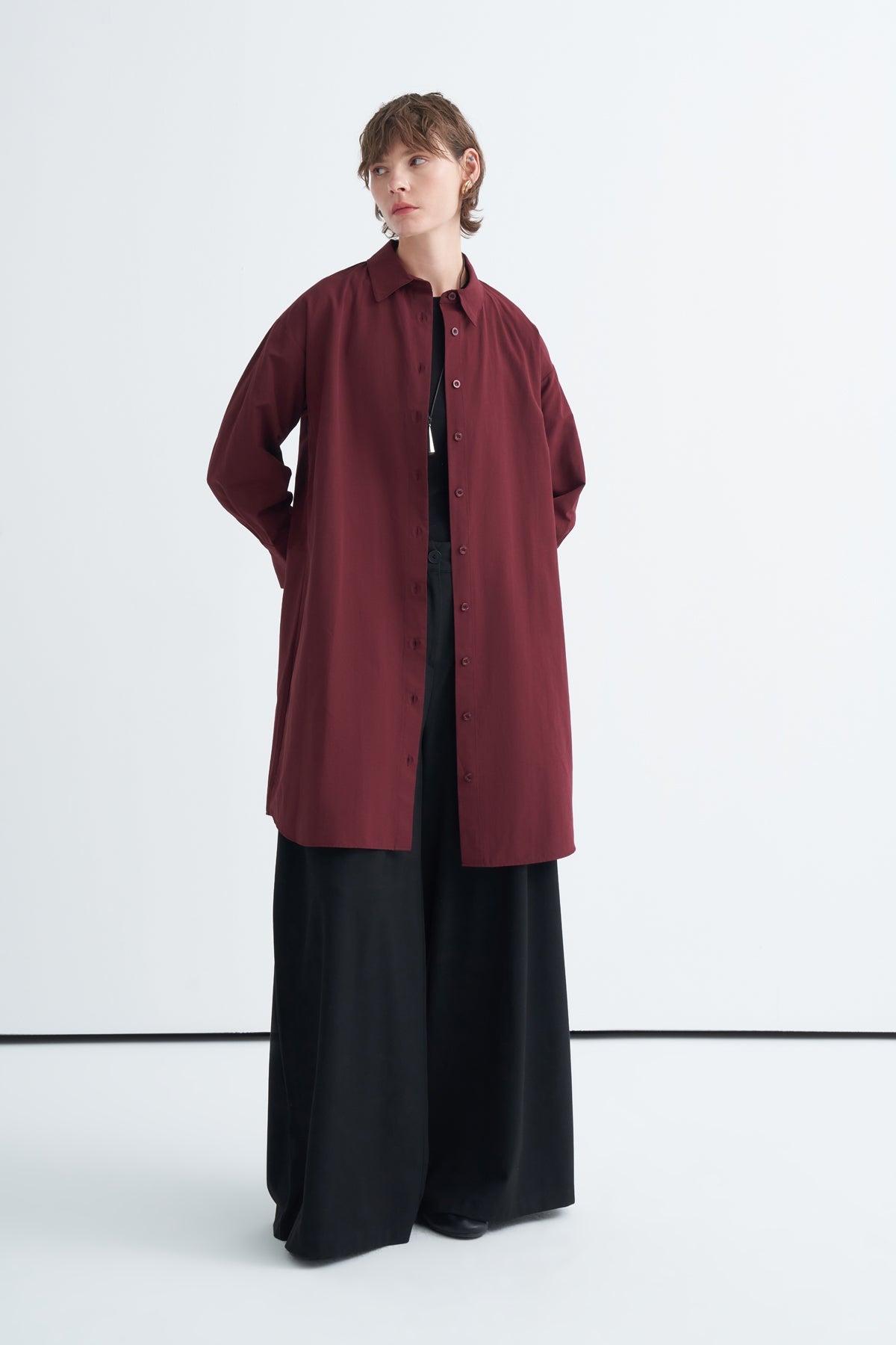 Kadın Poplin Basic Uzun Gömlek Bordo
