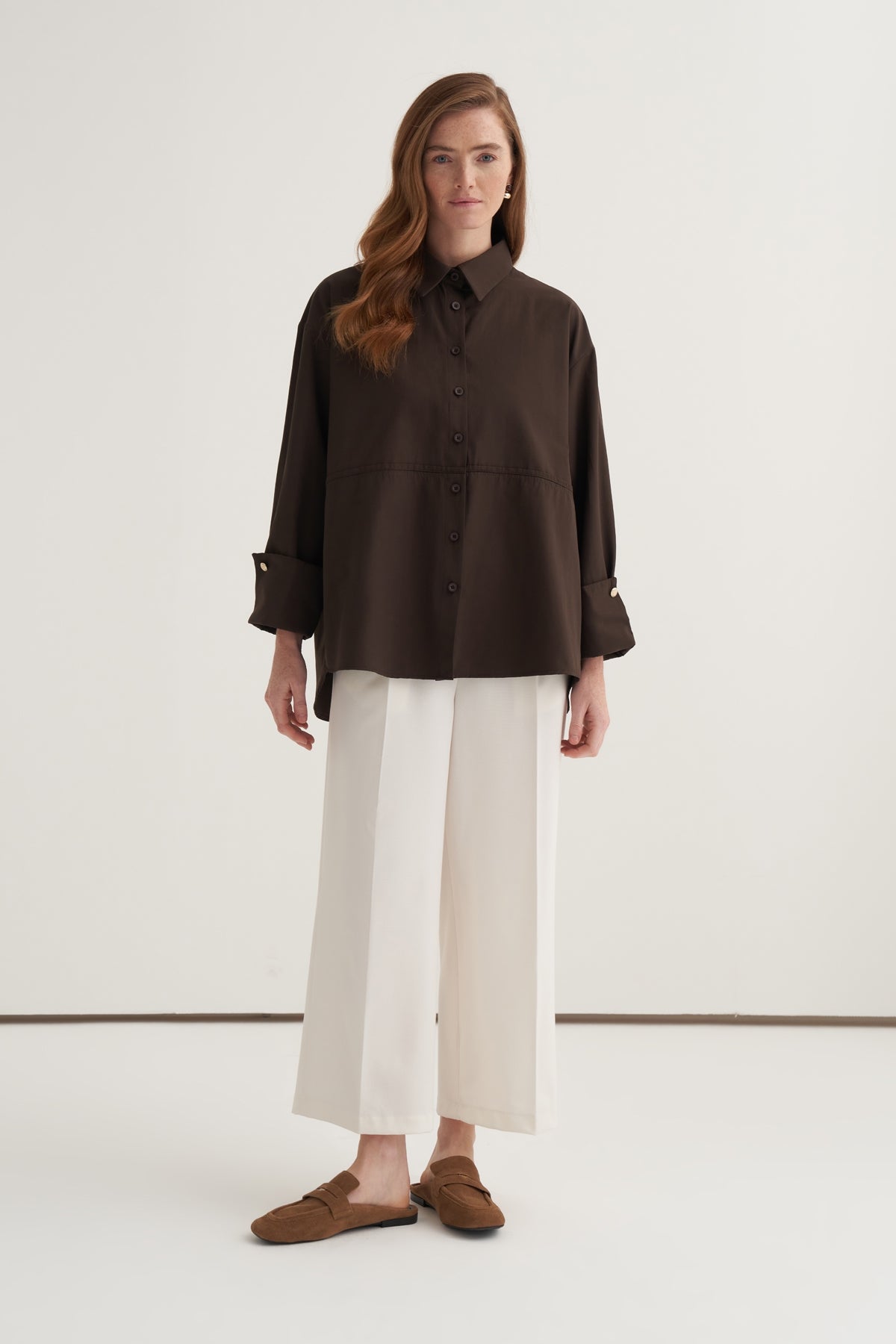 Kadın Oversize Kol Düğmeli Gömlek Acı Kahve