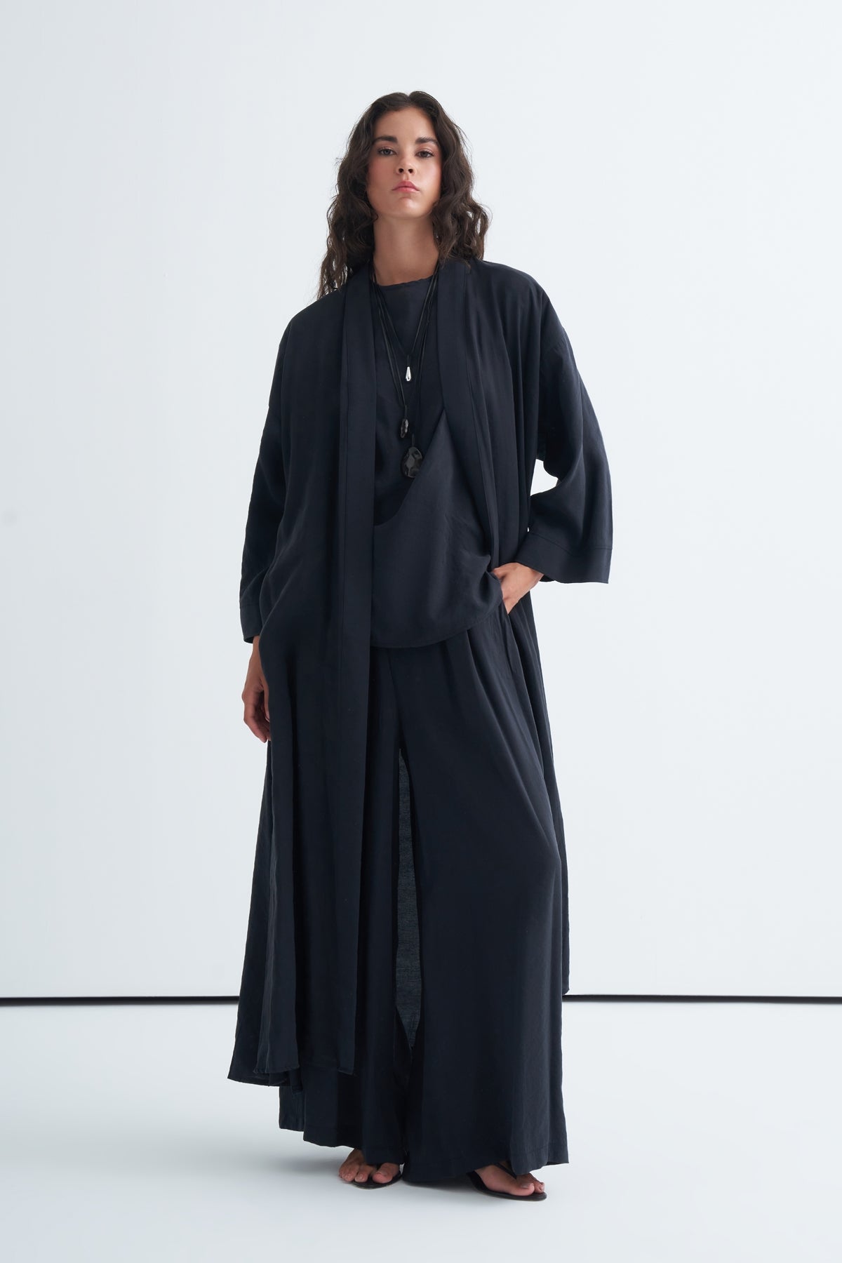Modal 3'lü Pantolon Bluzlu Abaya Takım Siyah