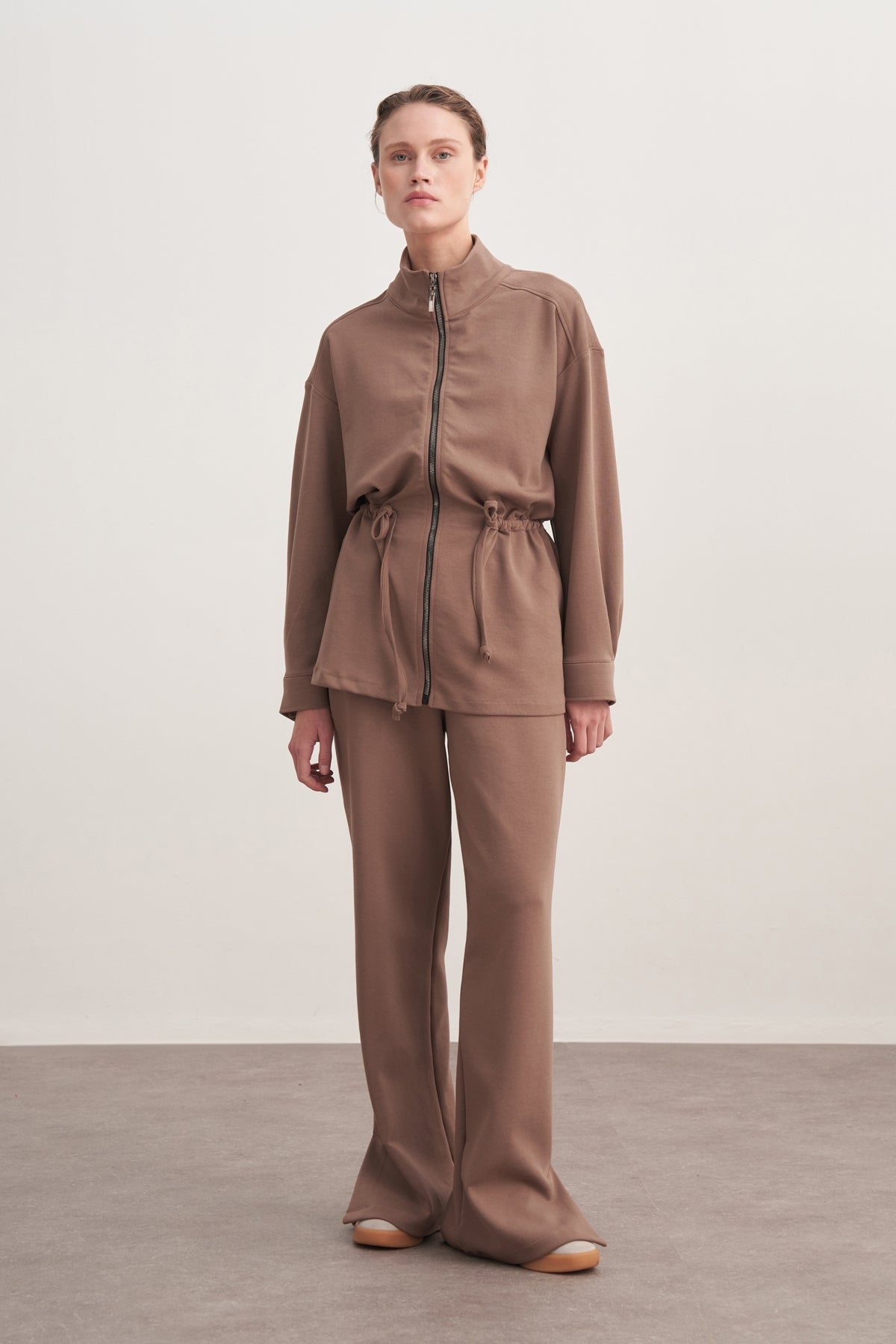 Kadın İnterlok Oversize Spor Ceket Takım Kahve