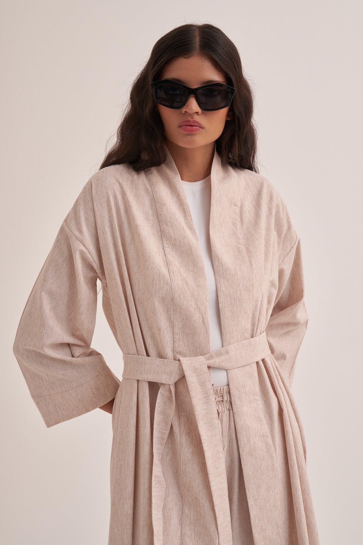 Kadın Organik Pamuk Basic Uzun Kimono Natural Kırçıllı