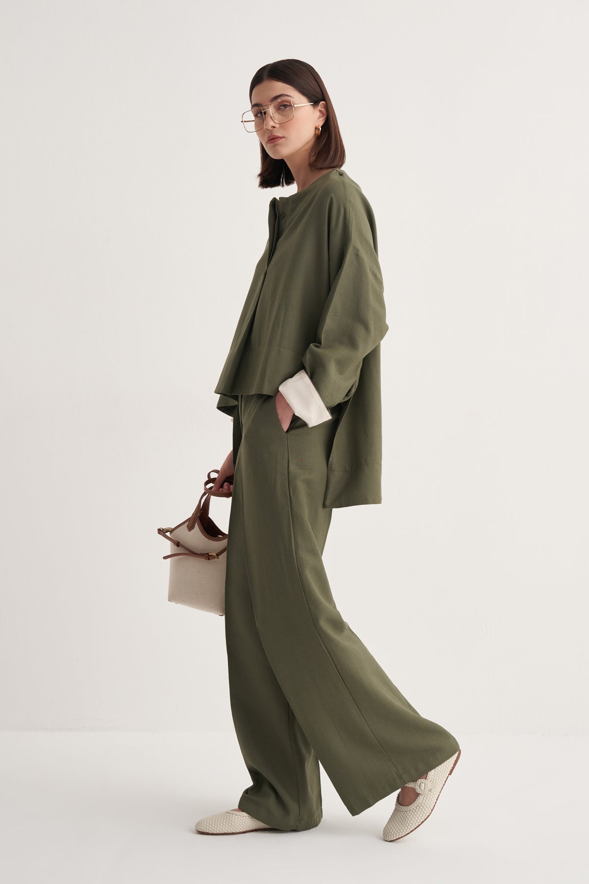 Kadın Dökümlü Pamuklu Palazzo Pantolon Haki