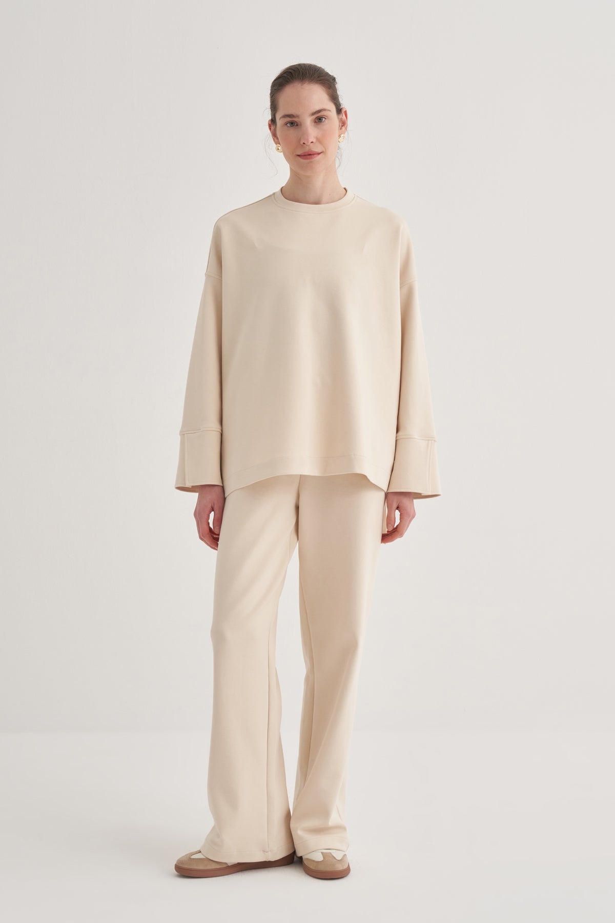 Kadın İnterlok Kol Detaylı Bluz Bej