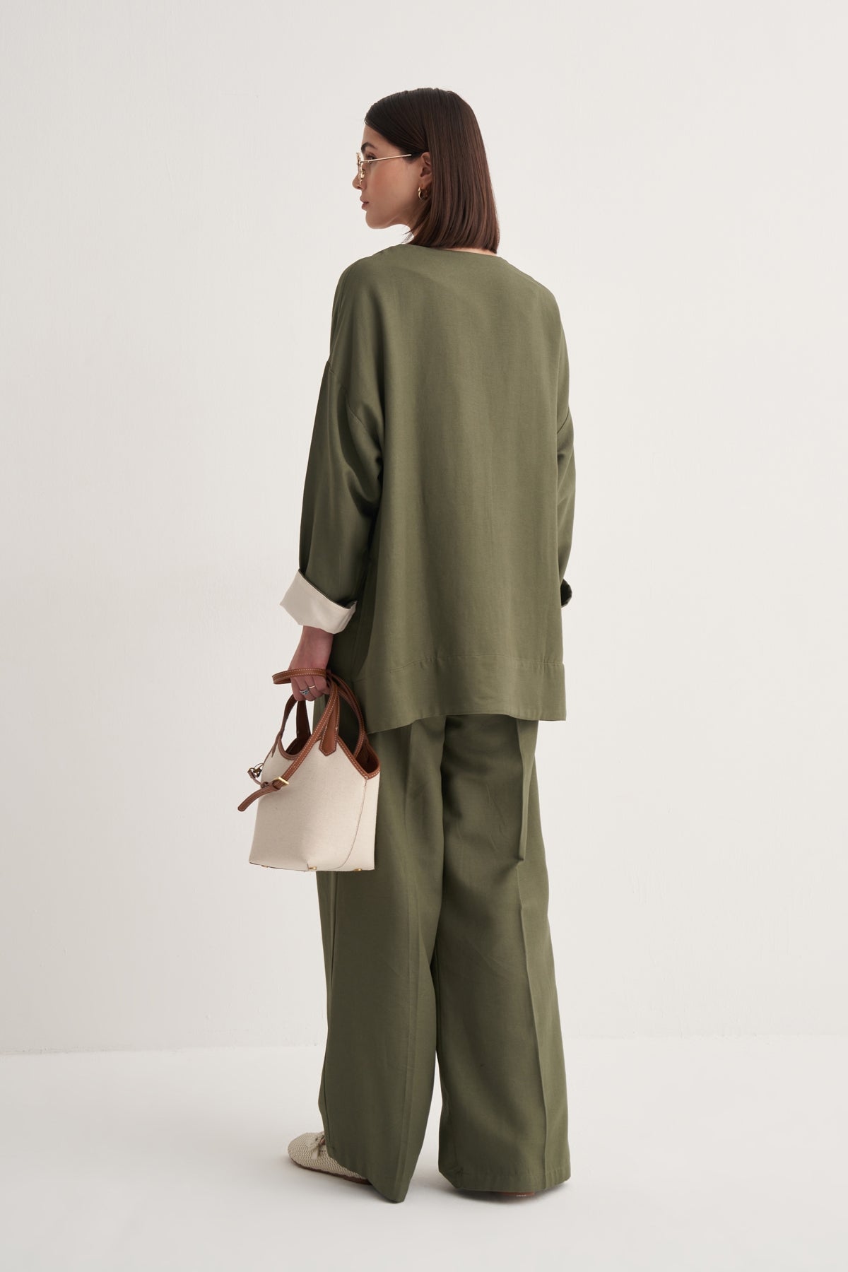 Kadın Dökümlü Pamuklu Palazzo Pantolon Haki