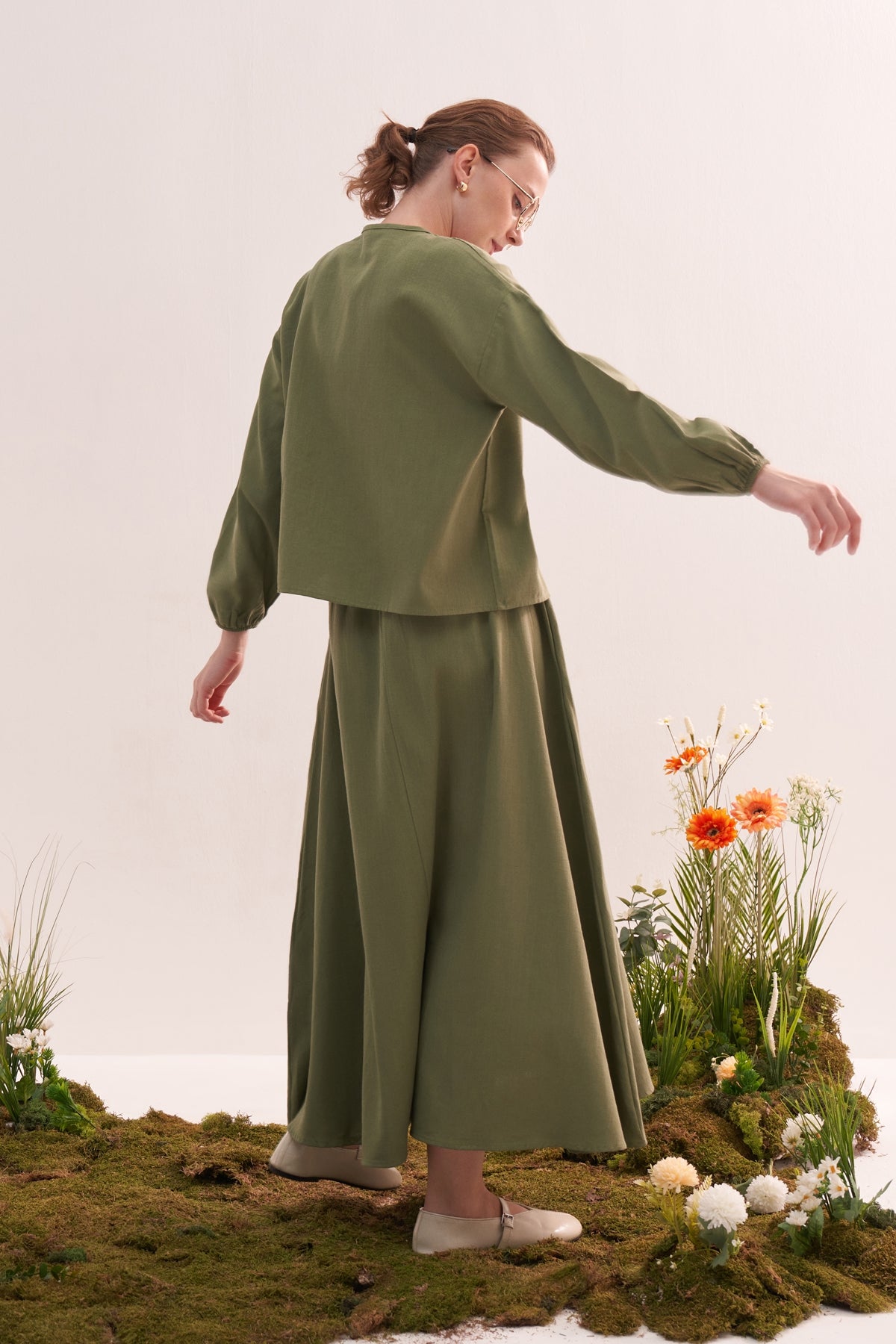 Kadın Organik Pamuk Bağcıklı Bluz Etek Takım Haki