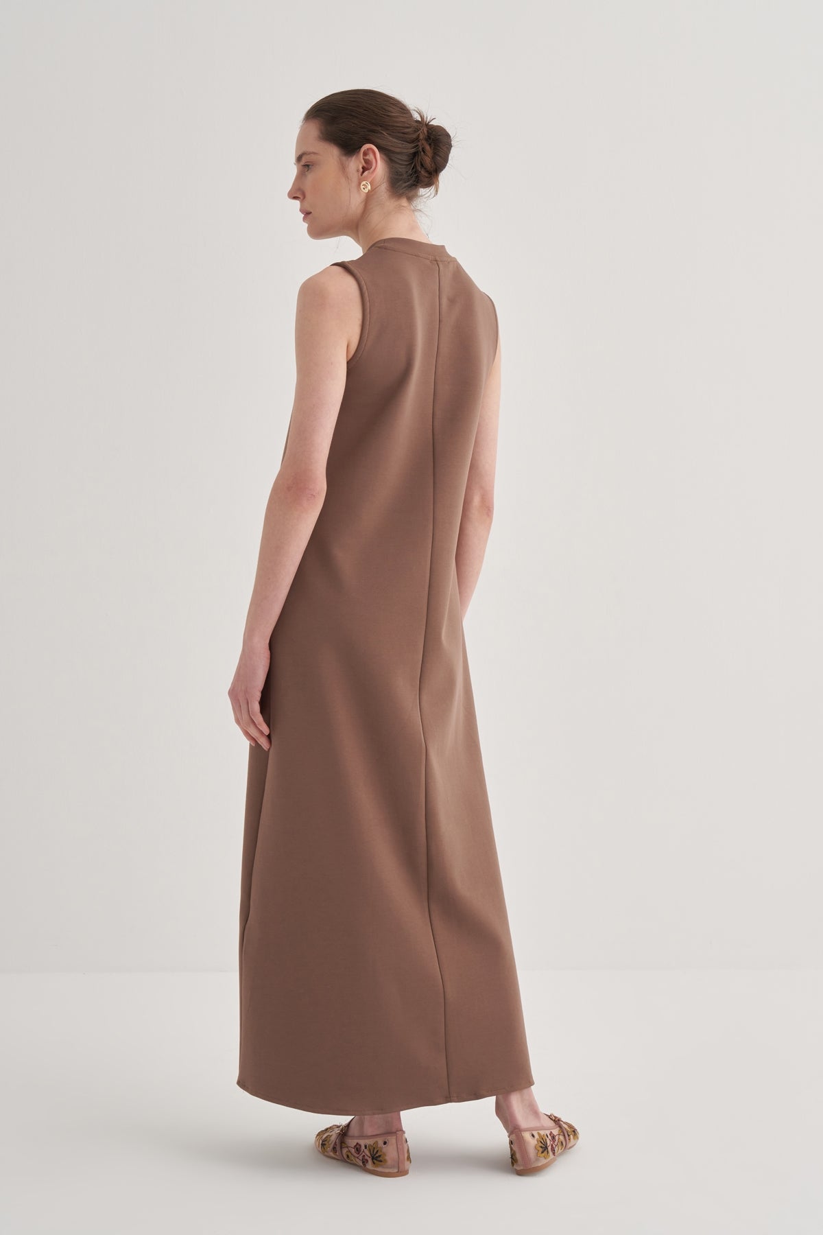 Kadın İnterlok Sıfır Kol Elbise Kahve