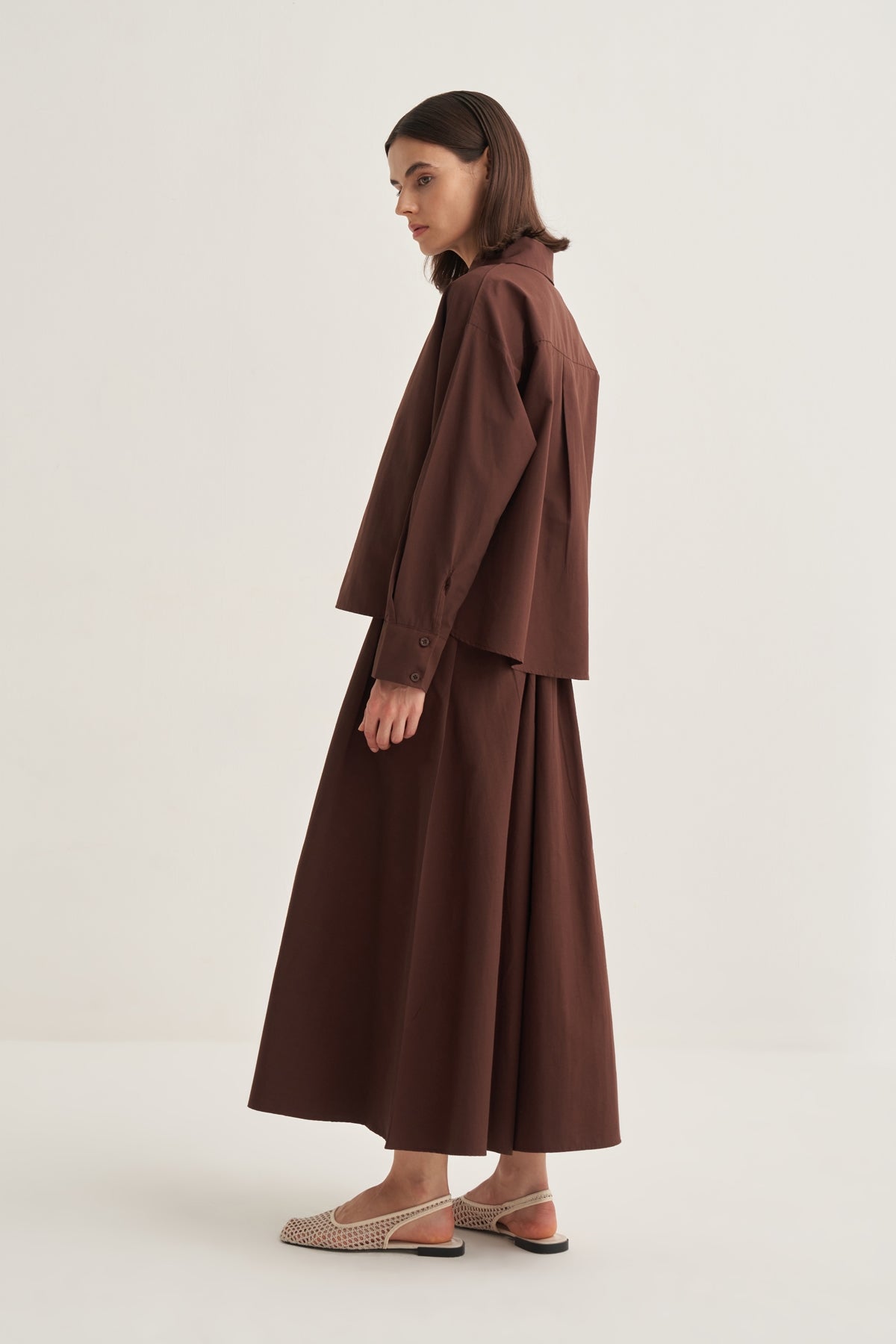 Kadın Poplin Oversize Kısa Gömlek Kahve
