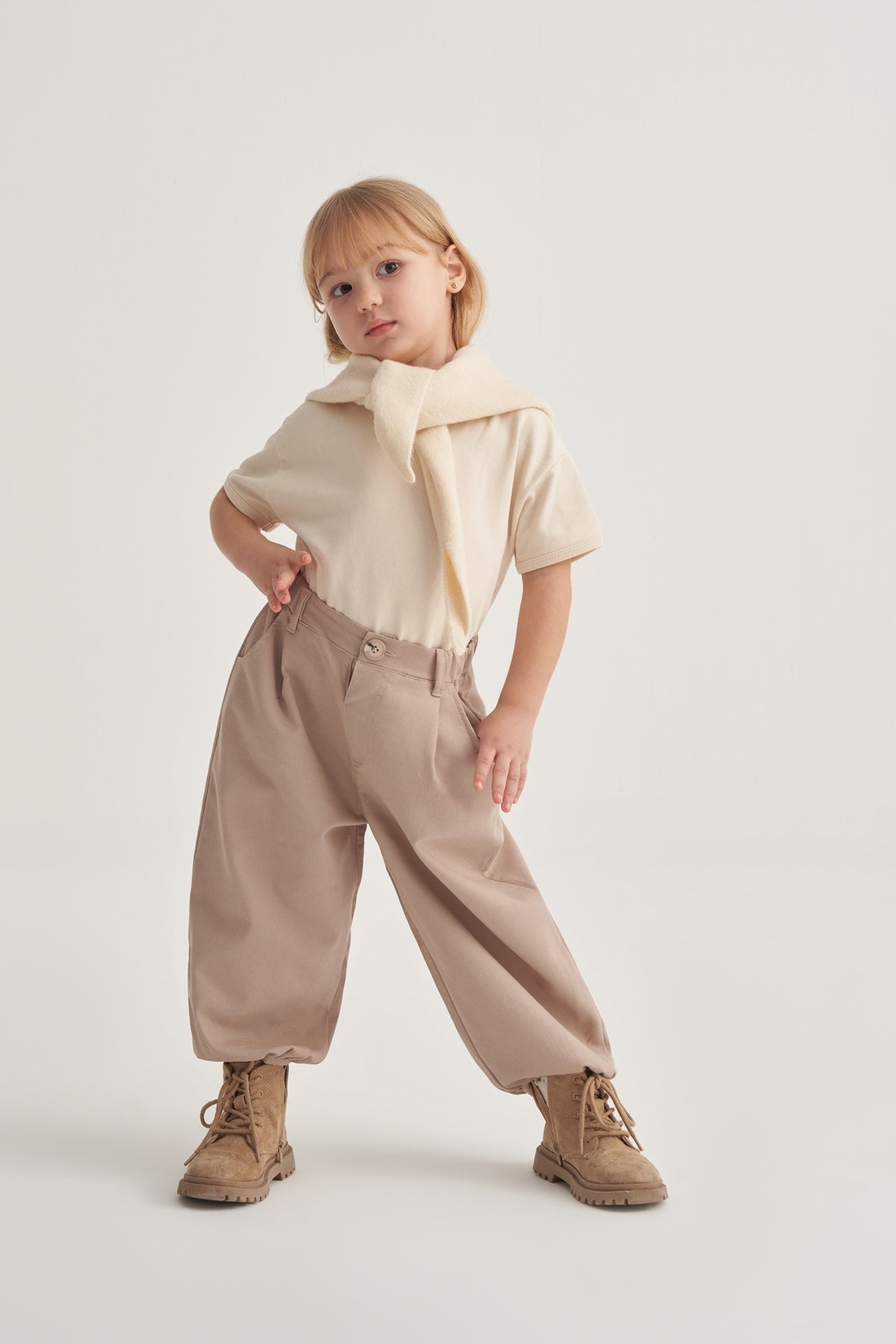 Unisex Çocuk Gabardin Paça Detaylı Pantolon Bej