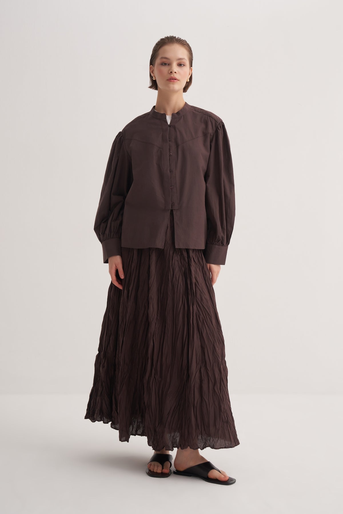 Kadın Pamuk Vual Bluz Kahve