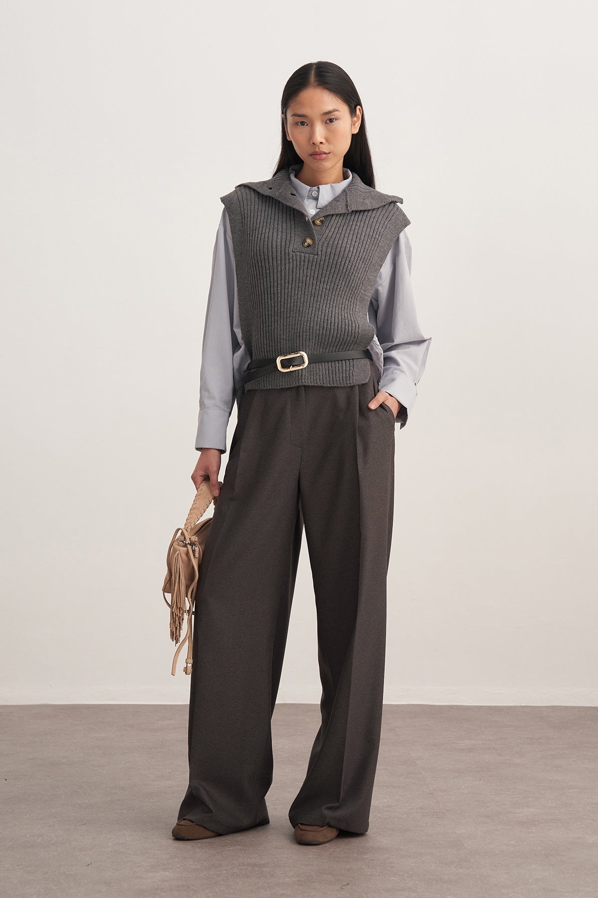 Kadın Dökümlü Pileli Palazzo Pantolon Antrasit