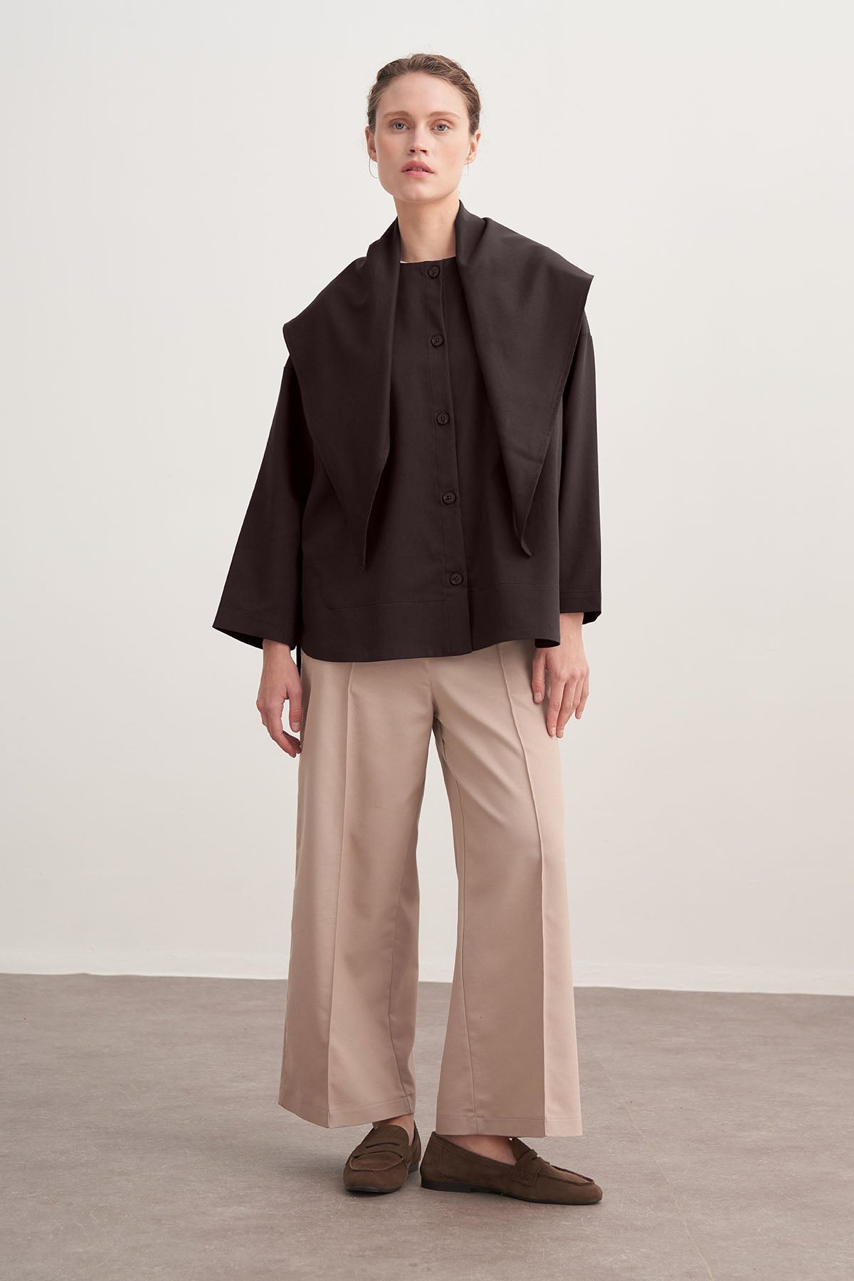 Kadın Gabardin Şal Aksesuarlı Gömlek Ceket Kahve