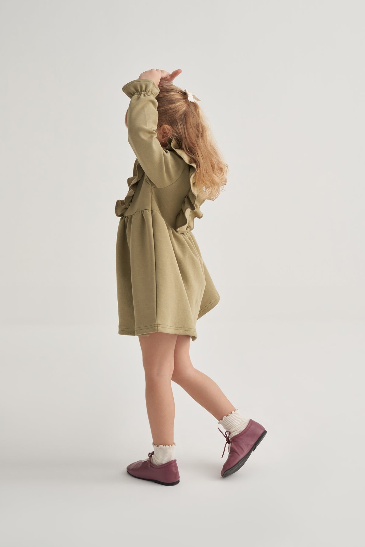 Kız Çocuk İnterlok Fırfırlı Uzun Kol Elbise Yeşil