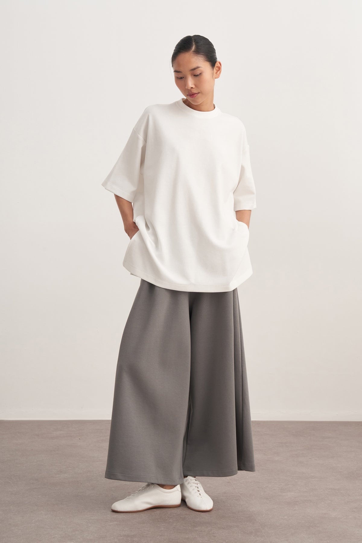 Kadın İnterlok Kısa Kol Oversize Tişört Ekru