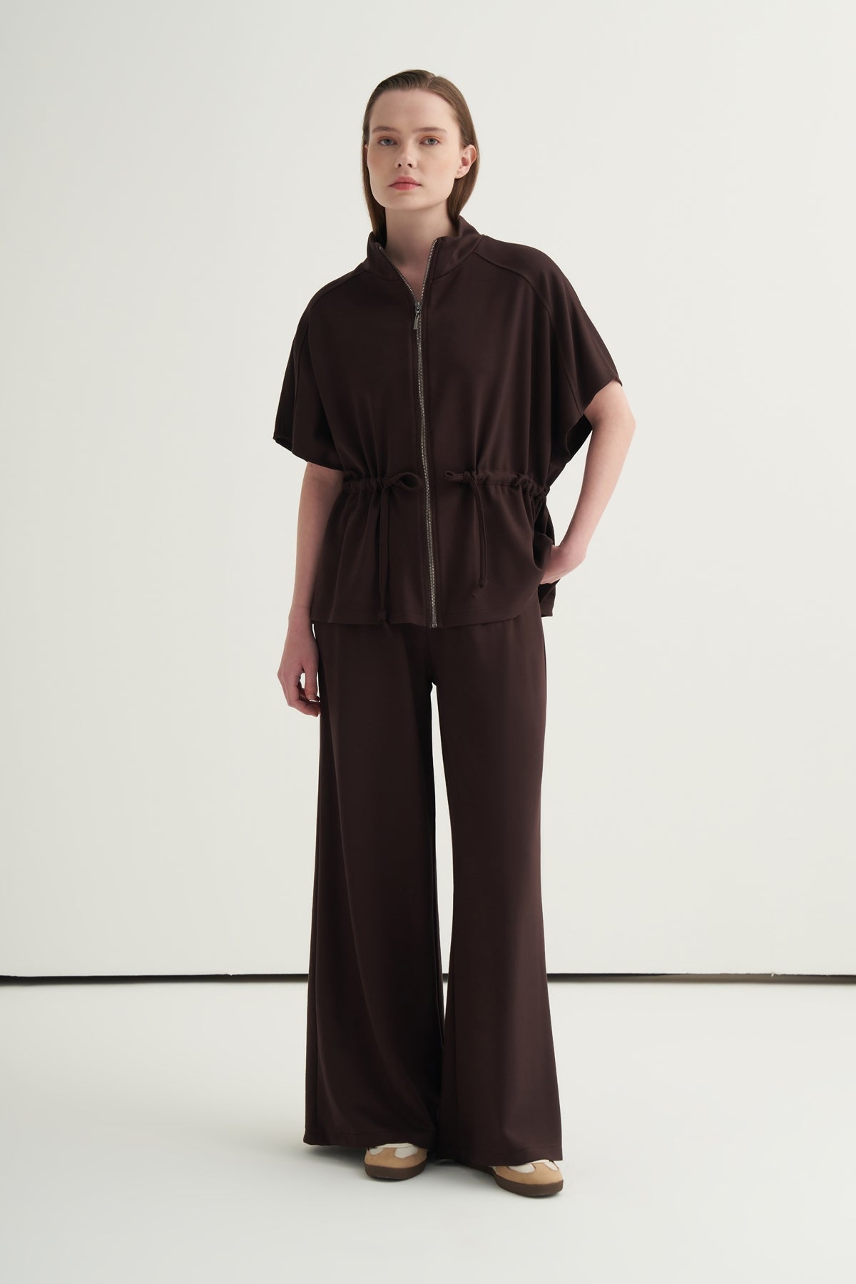 Kadın Oversize Yelek Bol Paça Pantolon Takım Kahve