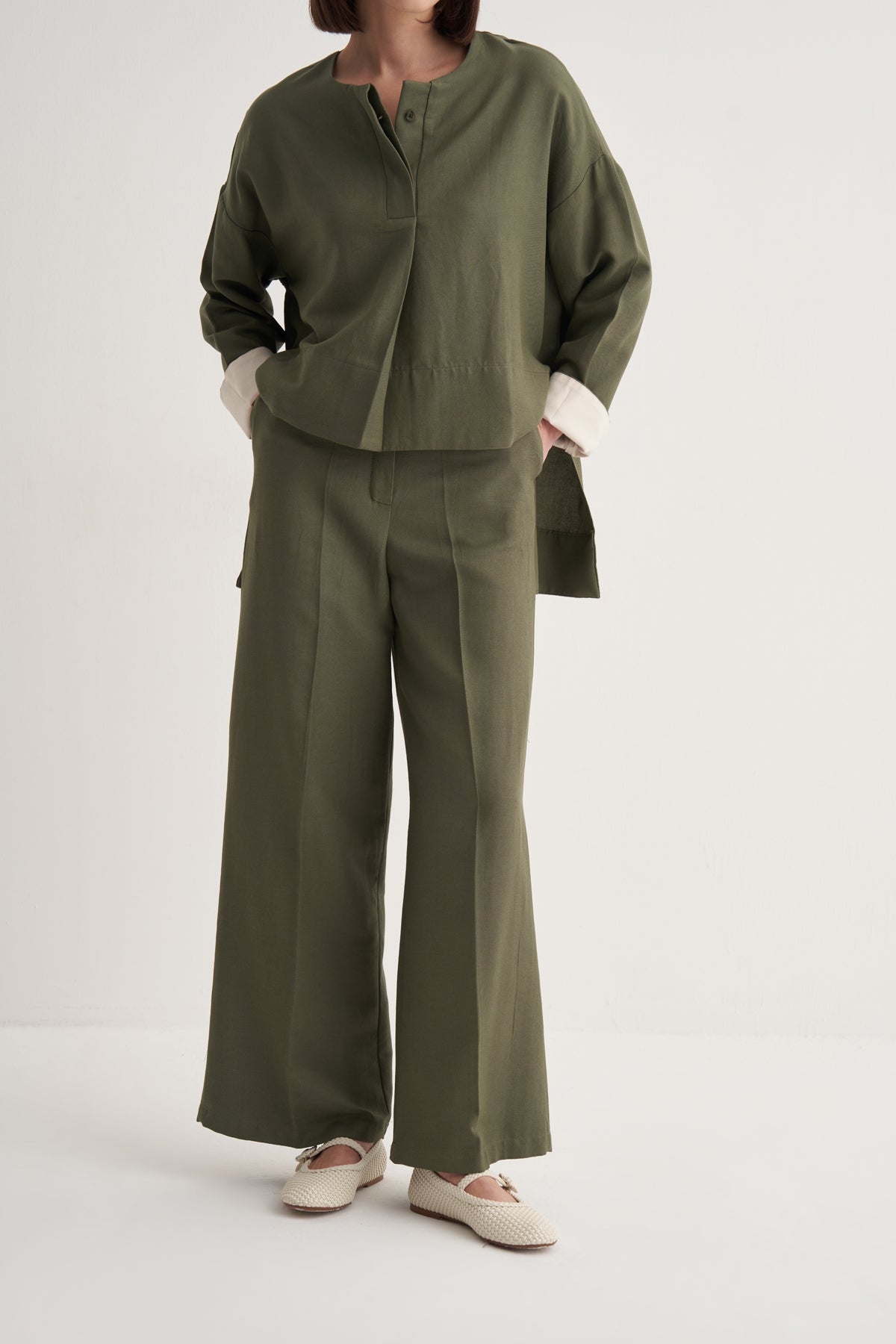 Kadın Dökümlü Pamuklu Palazzo Pantolon Haki