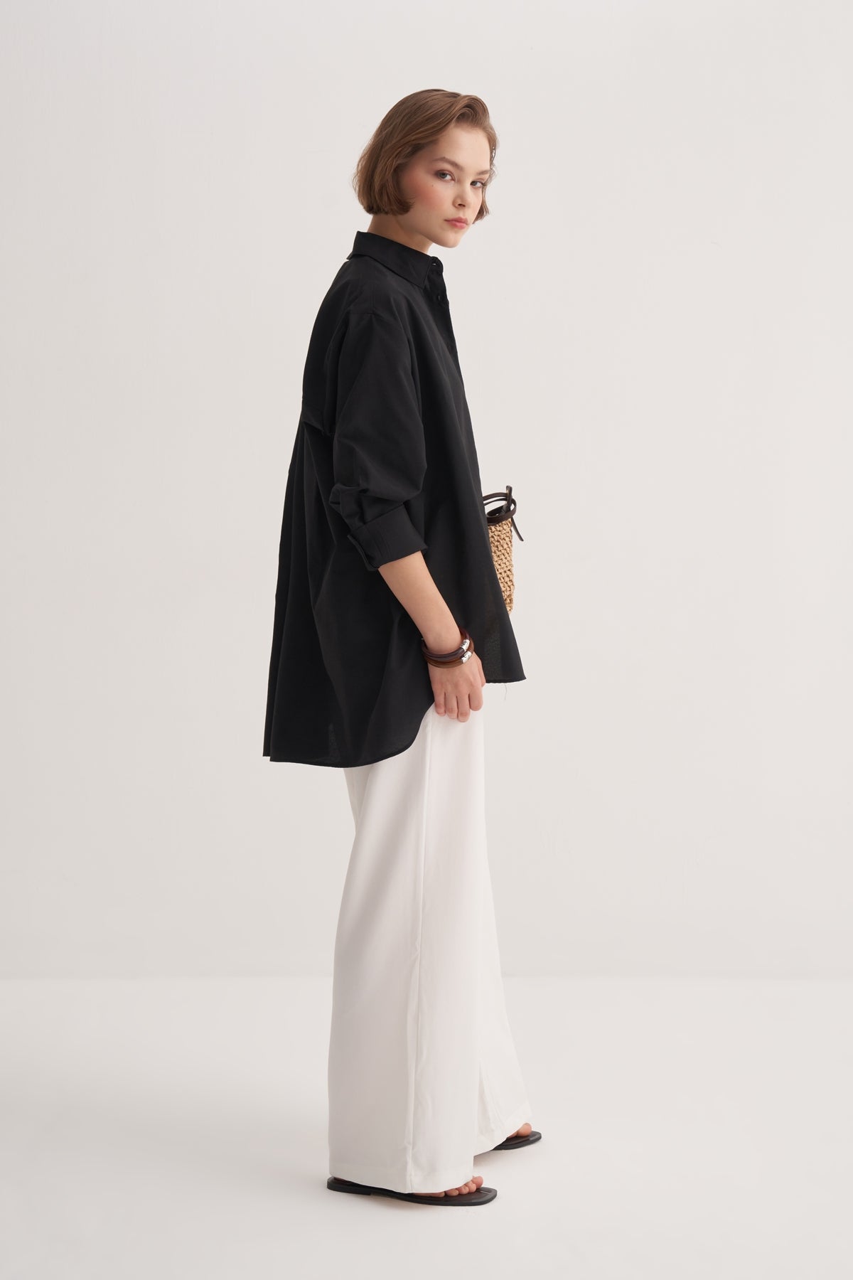 Kadın Poplin Oversize Robalı Gömlek Siyah