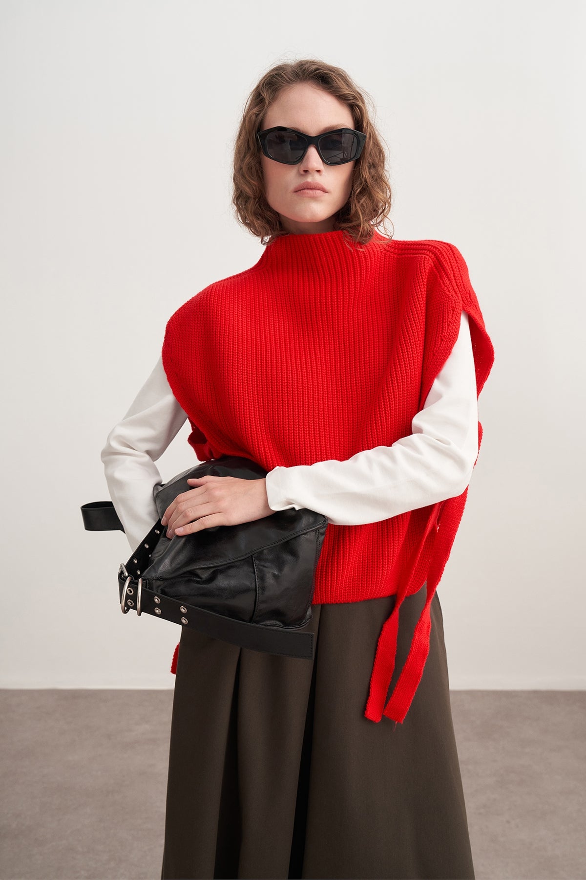 Kadın Bağlama Detaylı Triko Süveter Kırmızı