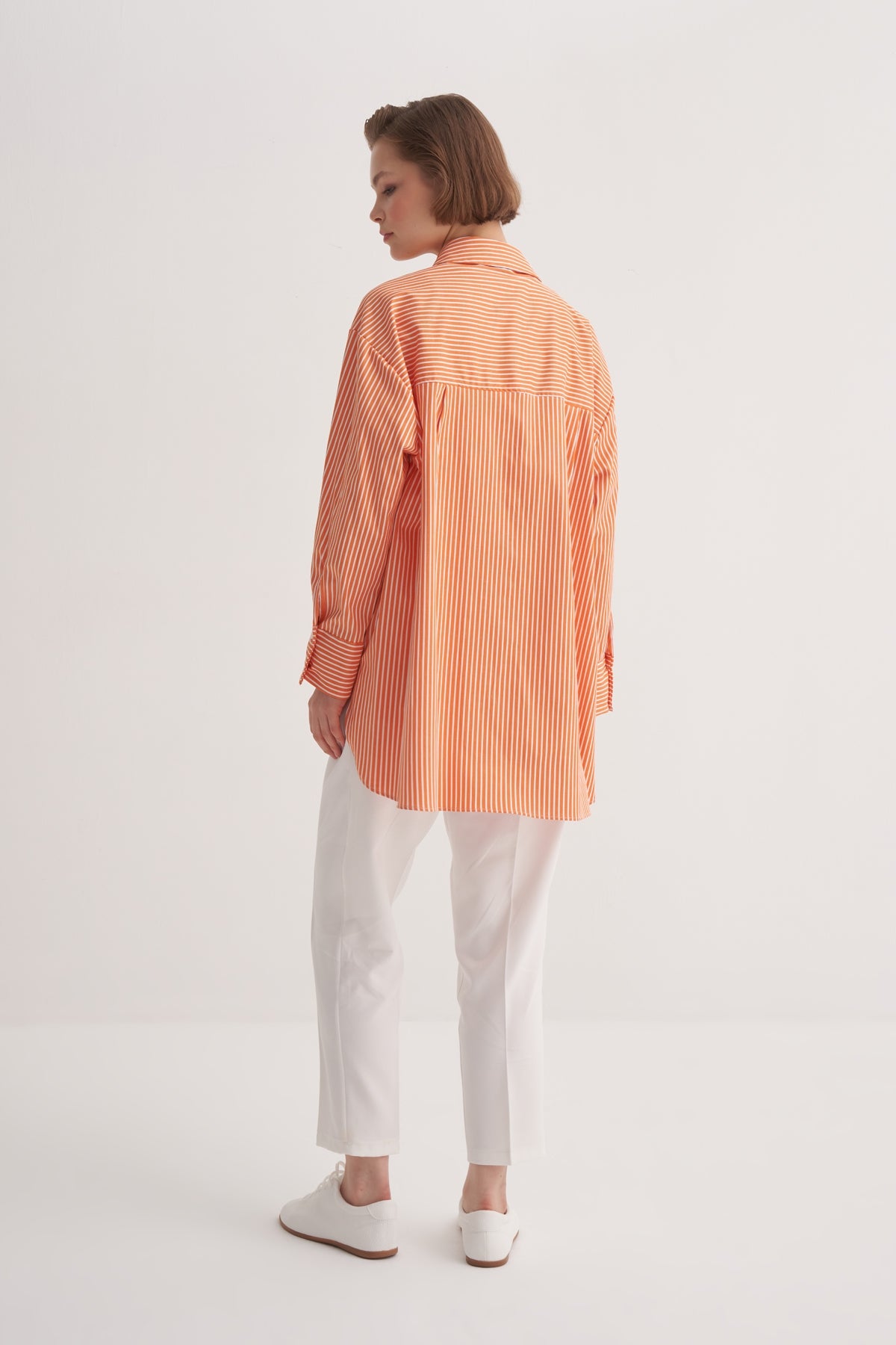 Kadın Poplin Oversize Robalı Gömlek Çizgili Turuncu