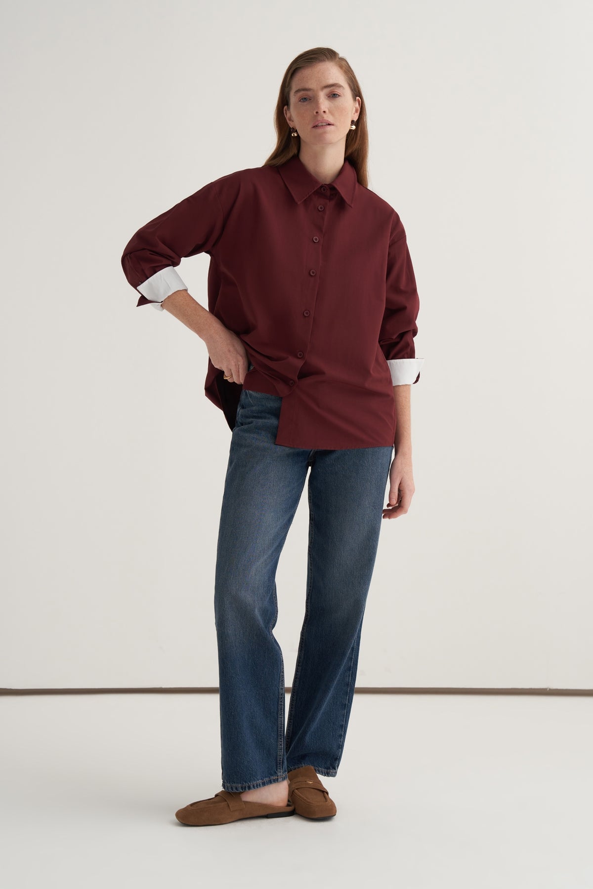 Kadın Poplin Kontrast Manşetli Gömlek Bordo