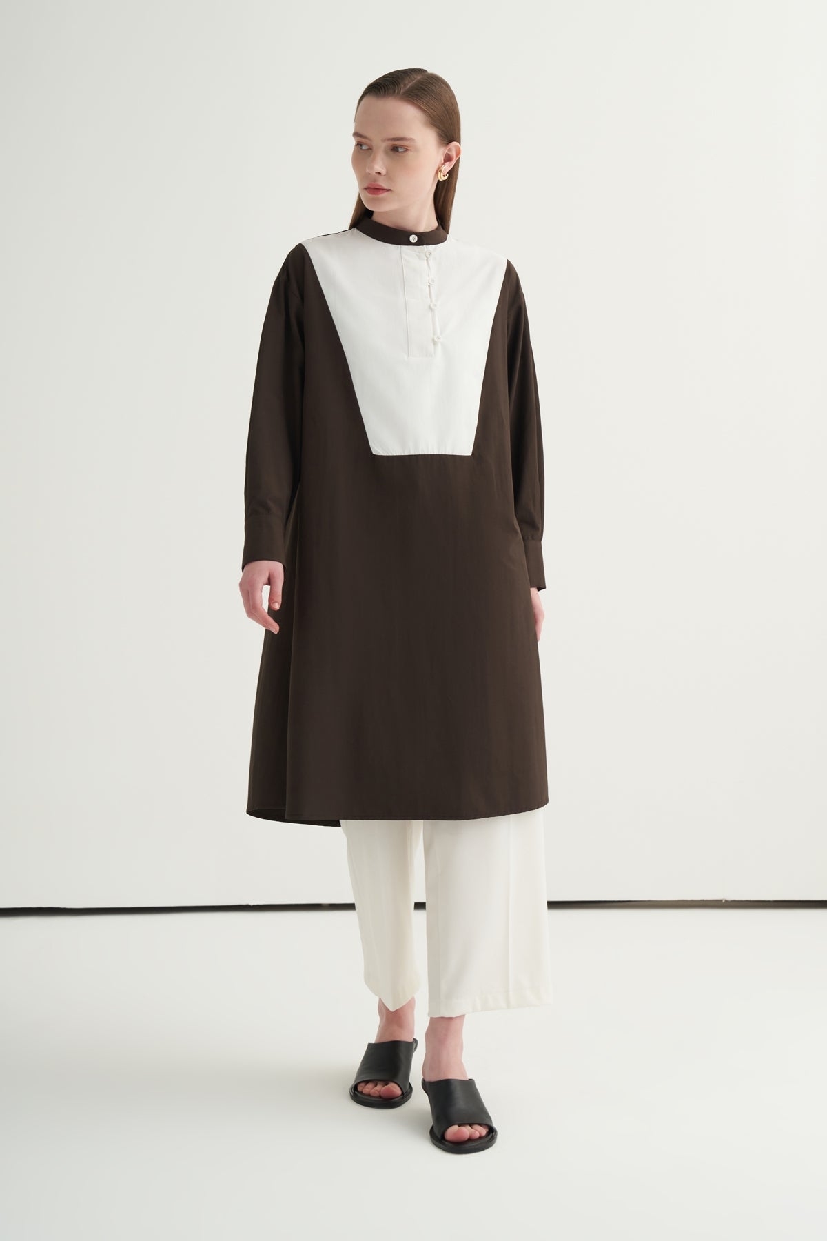 Kadın Hakim Yaka Kontrast Tunik Kahve