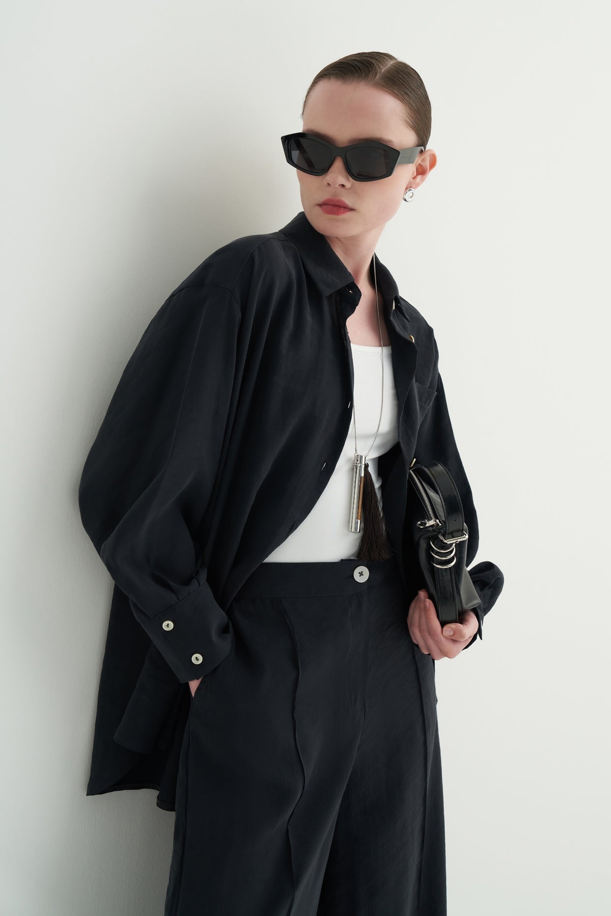 Kadın Modal Oversize Gömlek Pantolon Takım Siyah