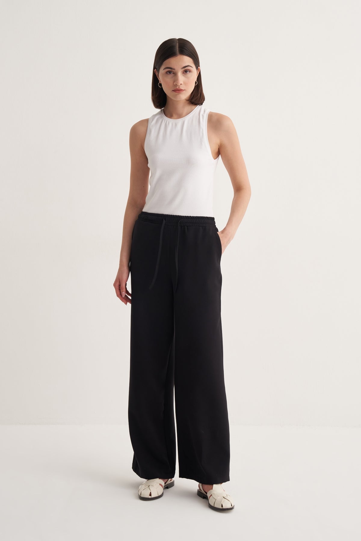 Kadın Beli Lastikli Palazzo Pantolon Siyah