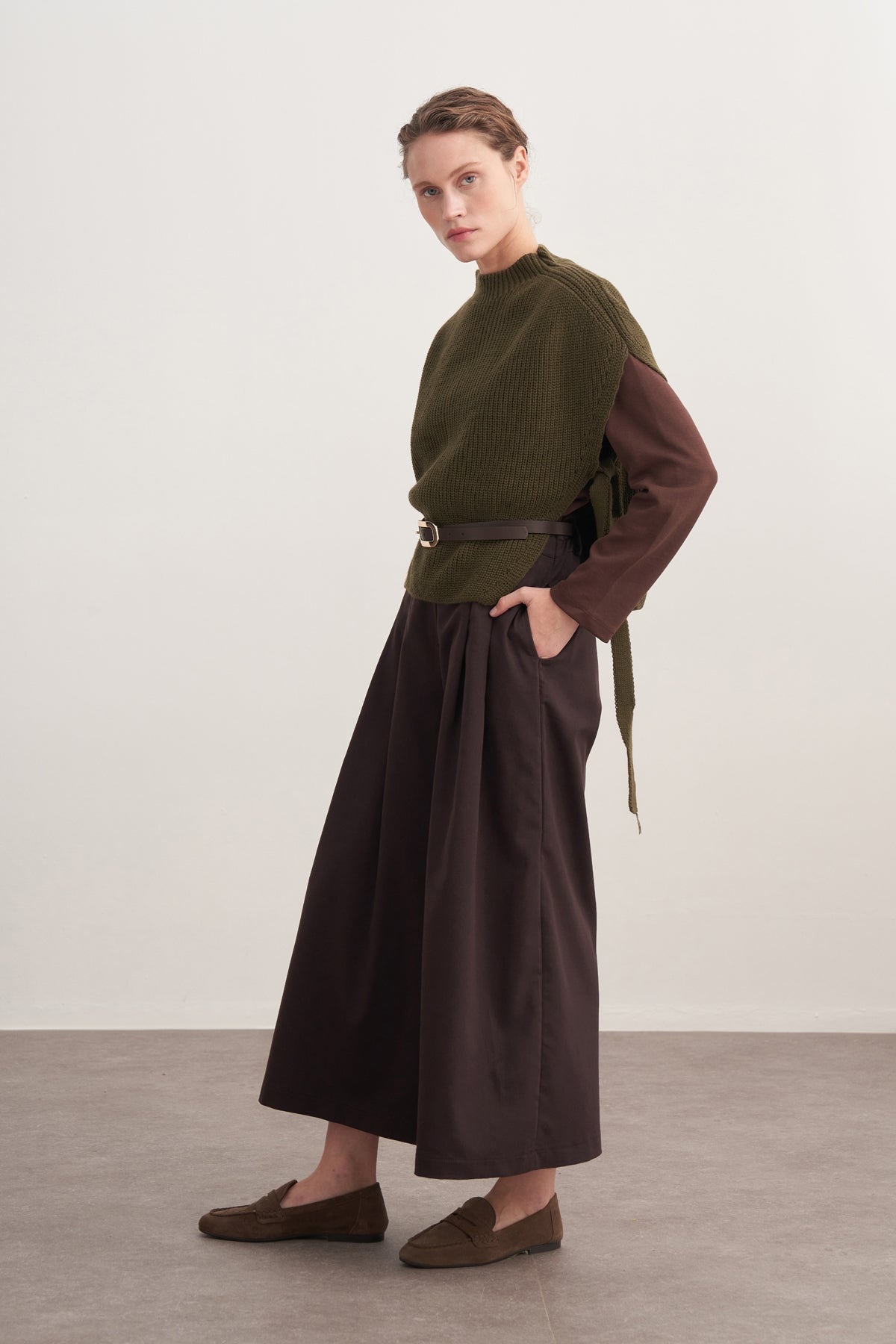 Kadın Gabardin Çift Pile Pantolon Kahve