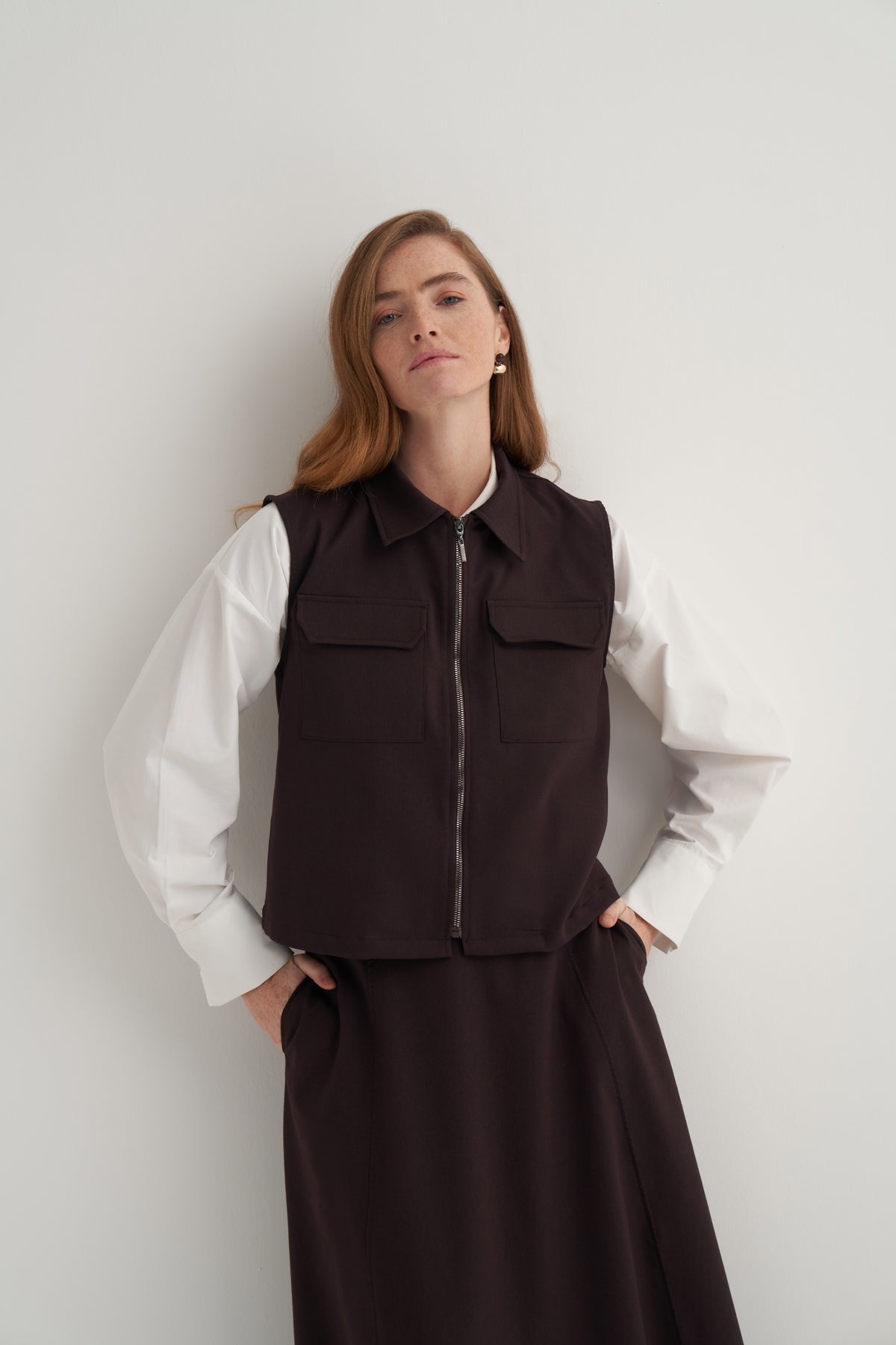 Kadın Gabardin Yelekli Etek Takım Acı Kahve