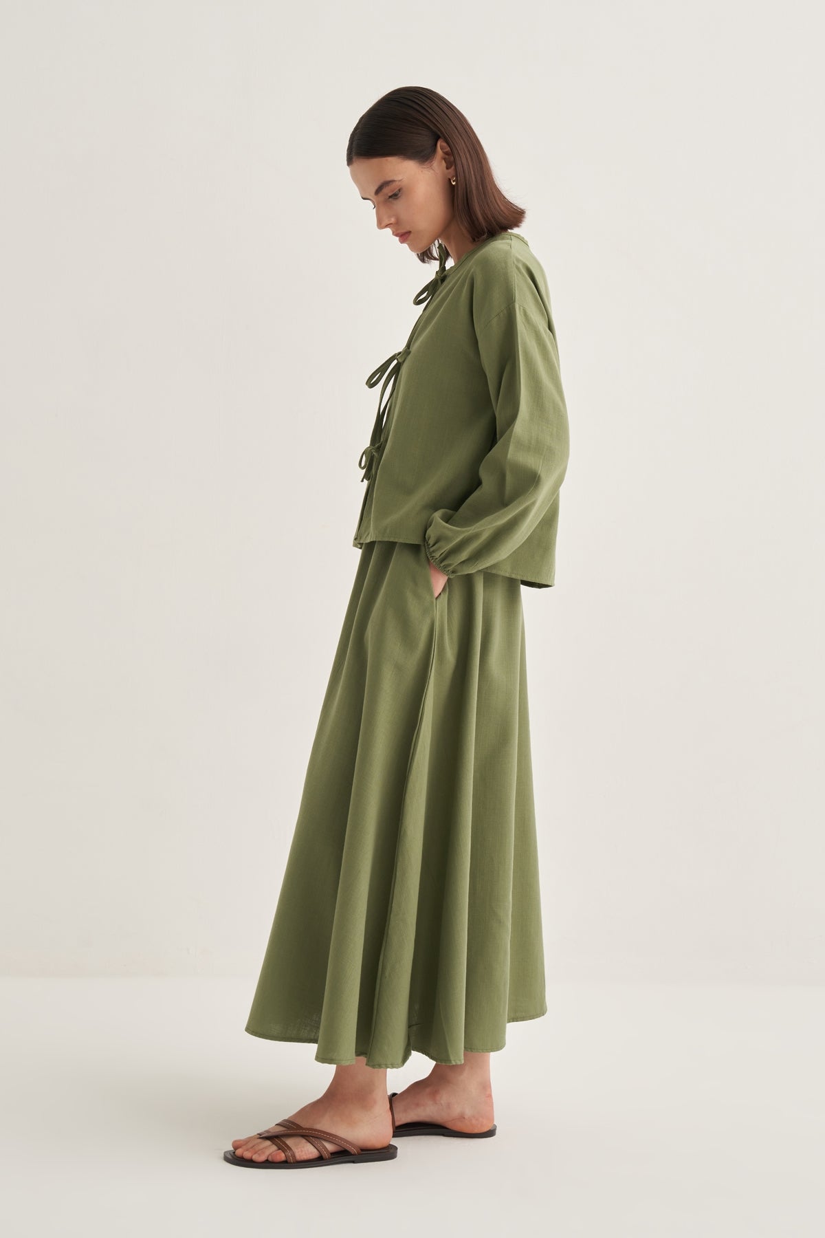 Kadın Organik Pamuk Bağcıklı Bluz Etek Takım Haki