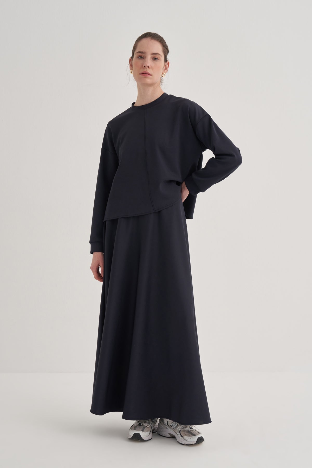 Kadın Scuba Dikişli Bluz Etek Takım Lacivert