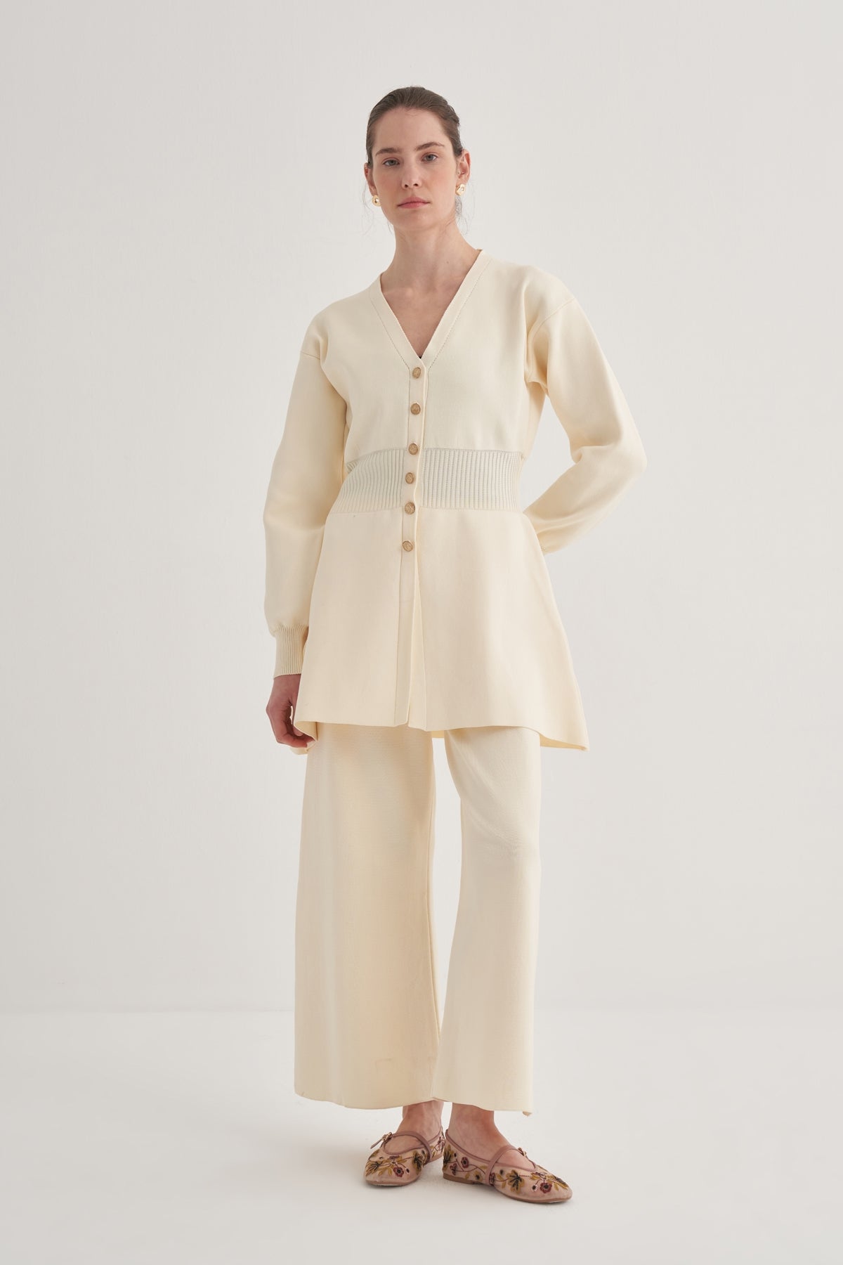 Kadın Premium Bel Korsajlı Triko Hırka Ekru